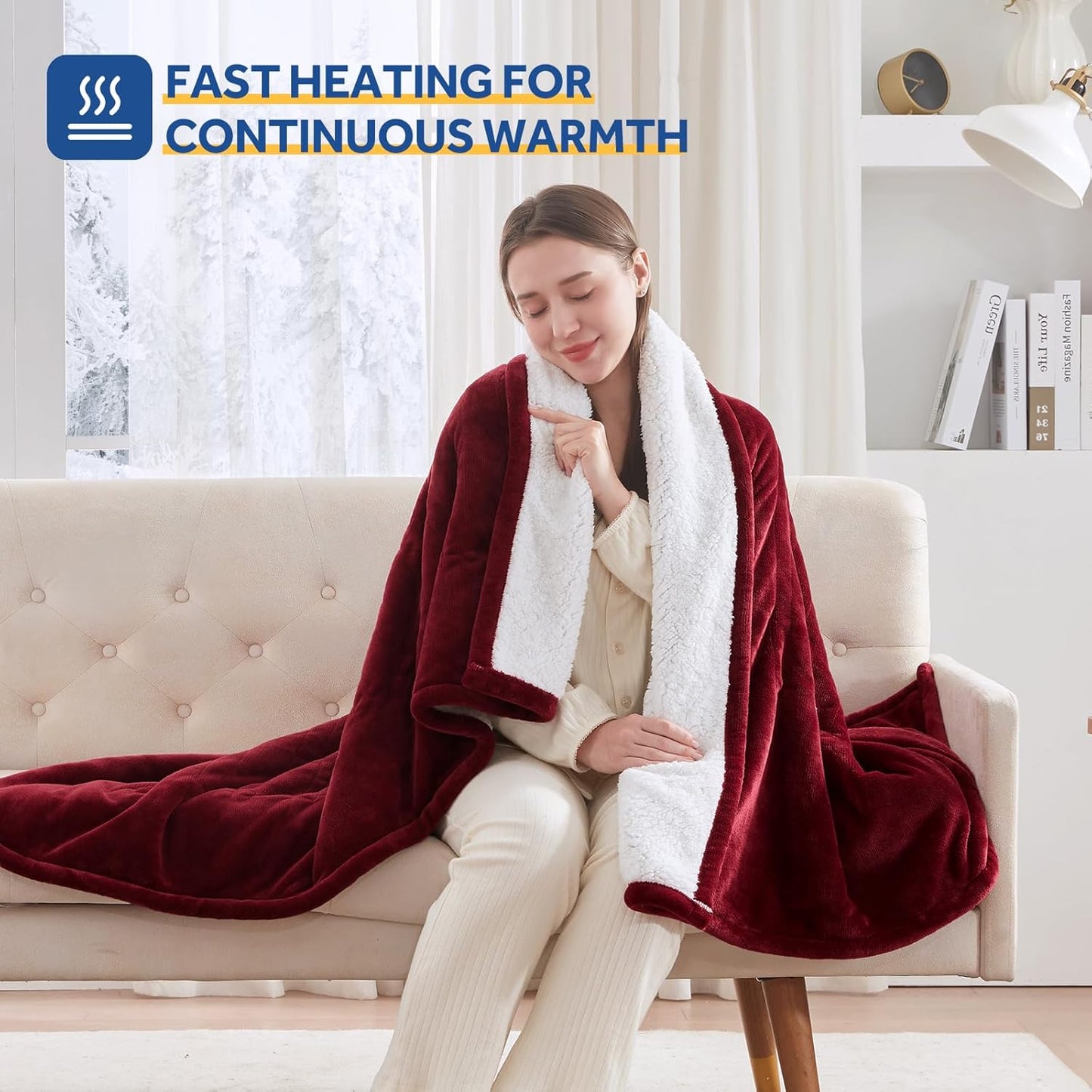 Sealy Electric Blanket Throw Size 50"*60",Super Cozy Flannel to Sherpa Reversible Heated Blanket Throw with 6 Heating Levels & 2-10 Hours Auto Off Overheating Protection Machine Washable,Red