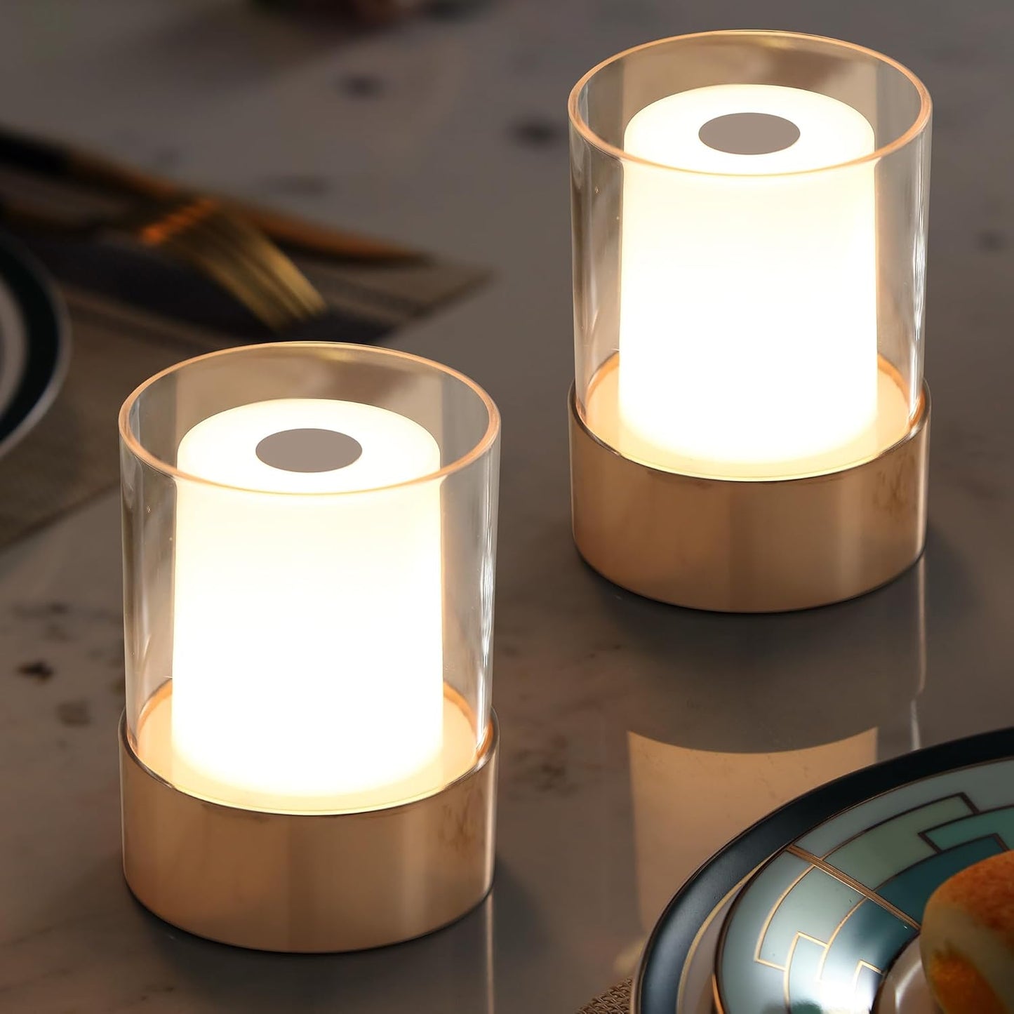 4" Mini Dining Table Light 2 Pack for Buffet Restaurant, Outdoor Waterproof Lamps for Bathroom Camping, Rechargeable Cordless Table Lamp for Bar, Touch Warm Night Light for Nursery Baby (Gold)