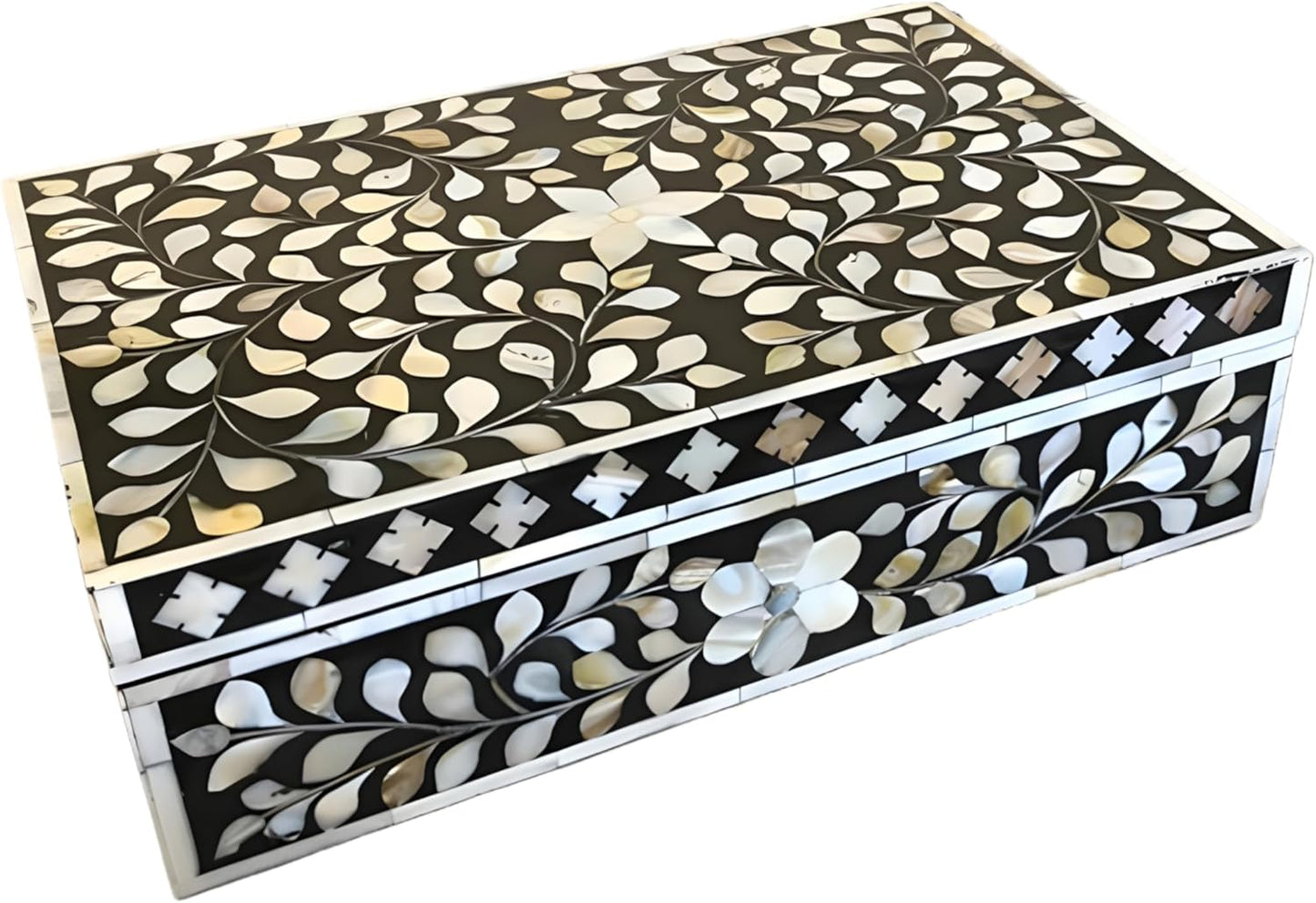 Decorative Wooden Storage Box with Mother of Pearl Inlay – Elegant Floral Design – Perfect for Home Décor in Living Room, Dining Area, or Bedroom (Black, 12x8x5 inches)