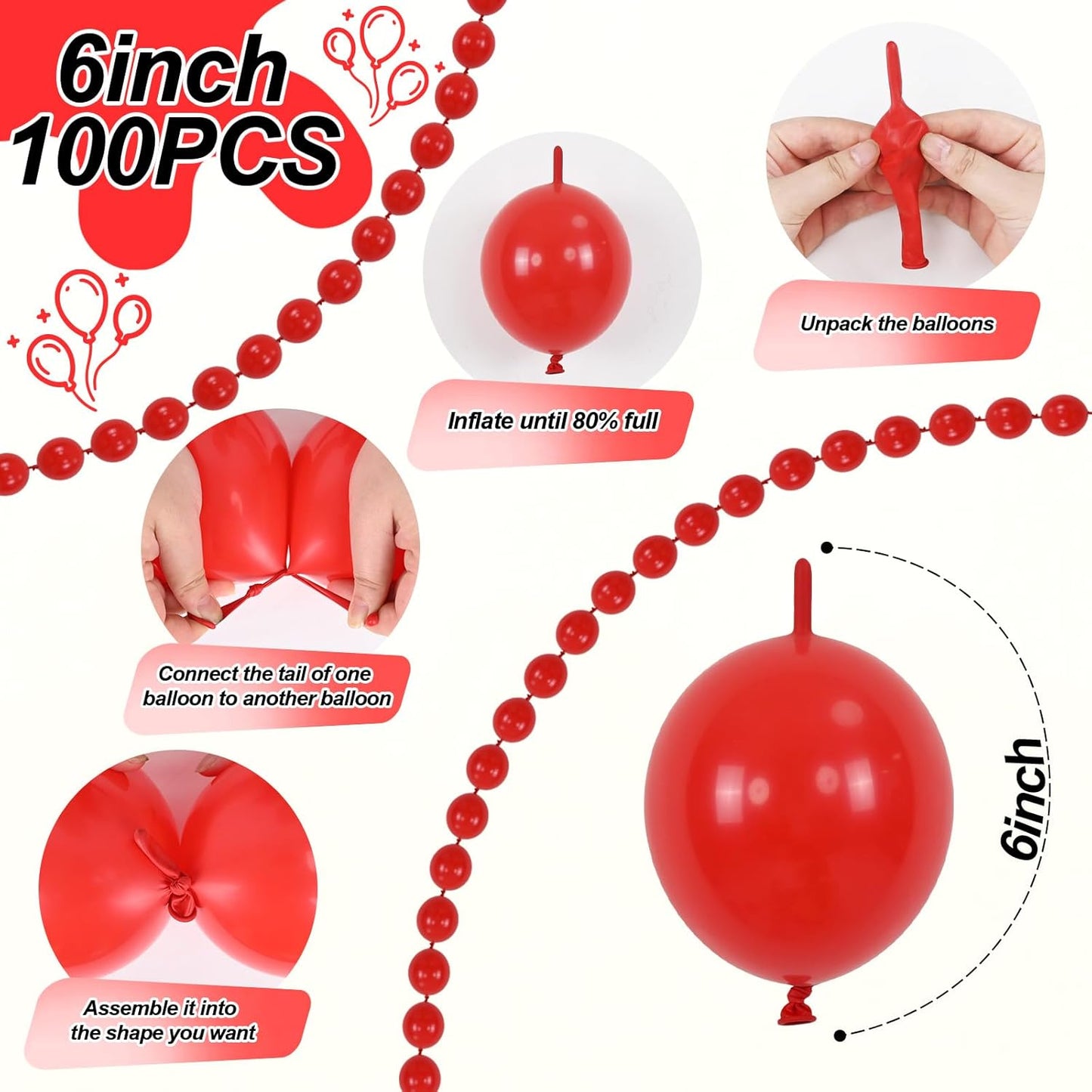 Red Link Balloons, 60PCS 6 Inch Small Red Quick Linking Balloons for Making Balloon Wall Heart Arch, Tails Balloon for Wedding Birthday Baby Shower Valentine's Proposal Anniversary Party Decorations