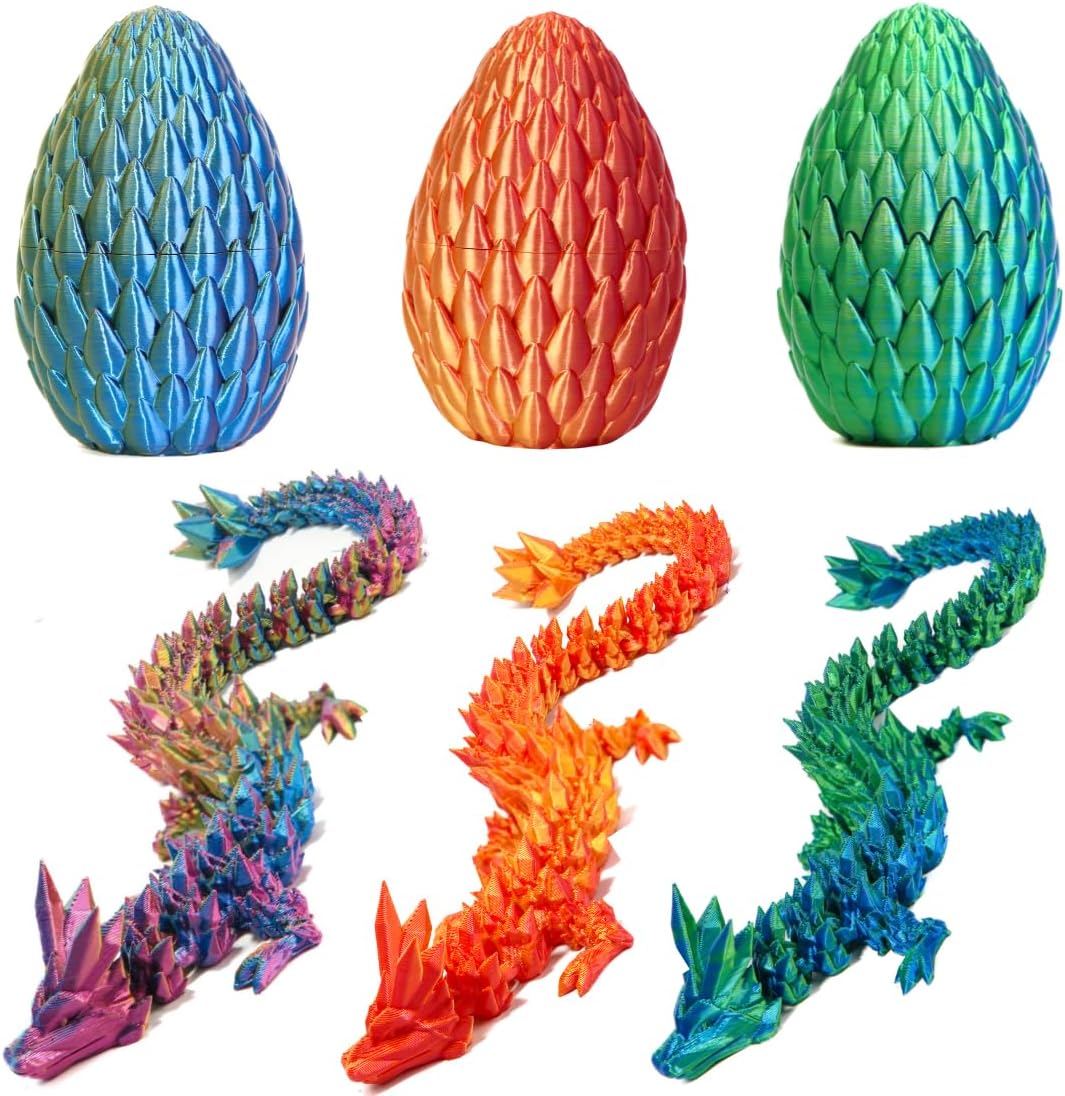 3PCS 3D Printed 12” Articulated Crystal Dragon Inside 5.1” Egg – Fantasy Collectible, Fidget Toy & Stocking Easter Basket Stuffers for Home & Office Decor (3PCS-Egg)