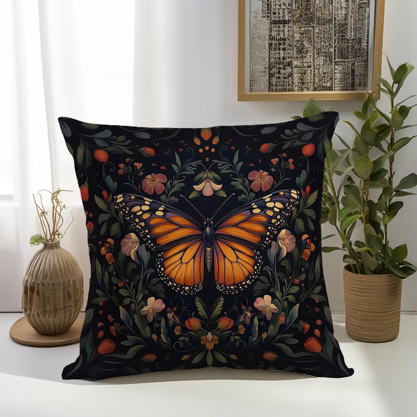 William Morris Abstract Vintage Floral Velvet Butterfly Design Throw Pillow Covers Home Decor, Retro Art Deco Pillowcase Cushion Cover for Bed Sofa Living Room, Square 18x18inch (Black-Butterfly)