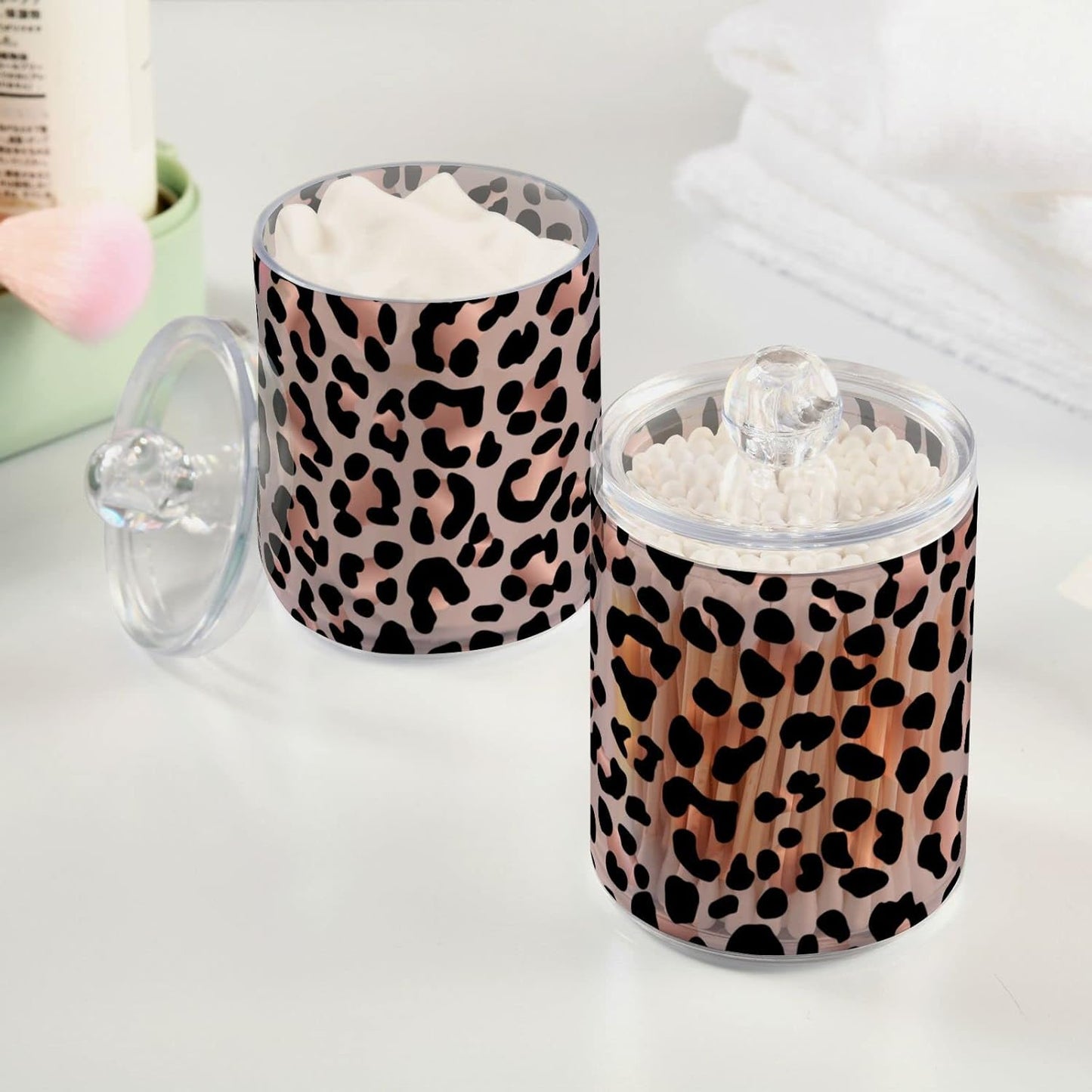 2 Pack Qtip Holder Dispenser Rose Gold Black Leopard Bathroom Storage Canister Lid Acrylic Plastic Apothecary Jar Set Vanity Makeup Organizer for Cotton Swab/Ball/Round Pads, Floss