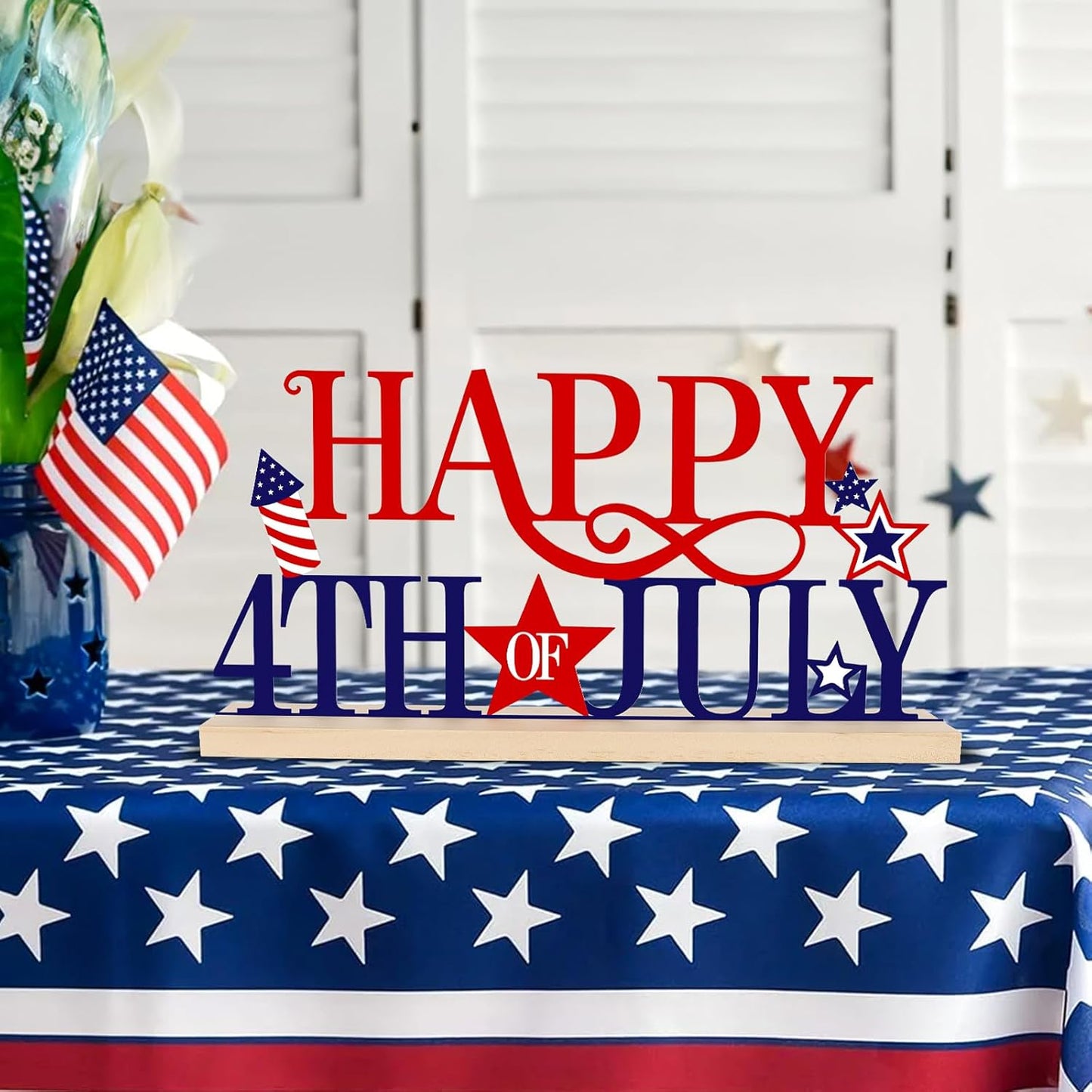 COCHIE Metal Happy 4th of July Sign, Red Blue and White Decorations for Home, Office, Shelf, Mantel, Indoor, Fouth of July Decoration, Patriotic Star Decor (Independence Day)