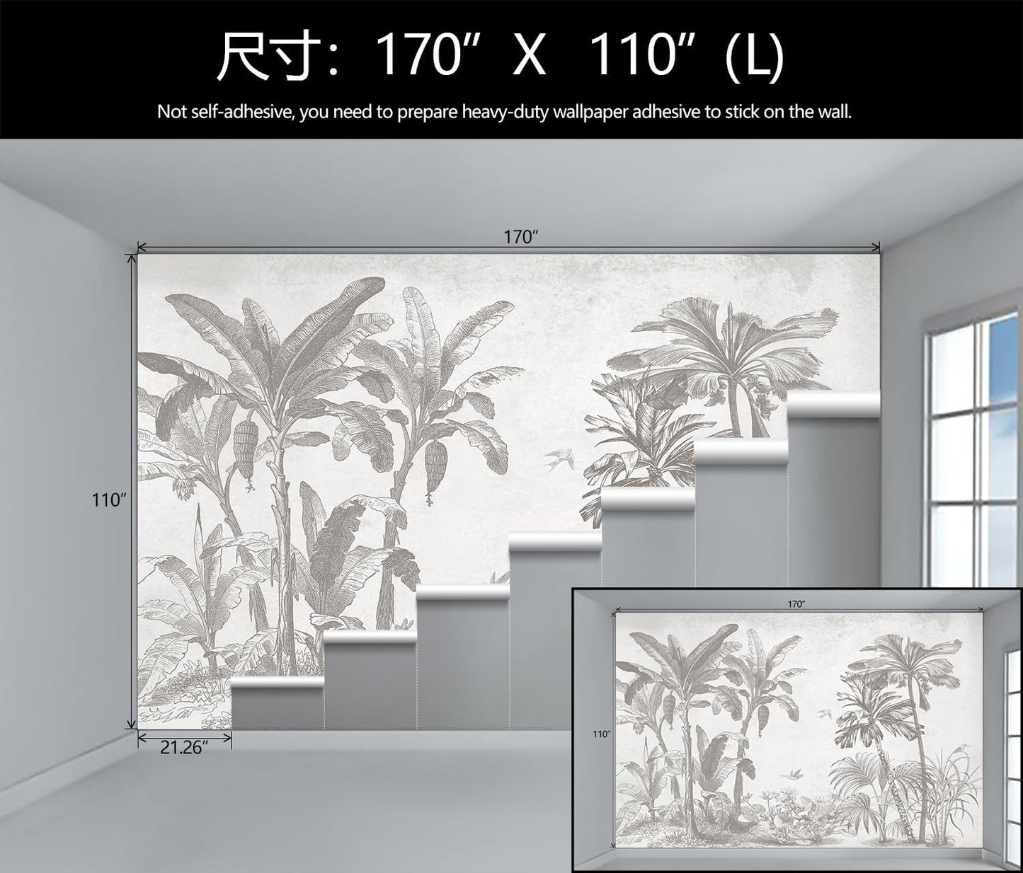 Gray Jungle Landscape Wallpaper Mural Tropical Banana Leaf Wall Mural (Not Peel and Stick)