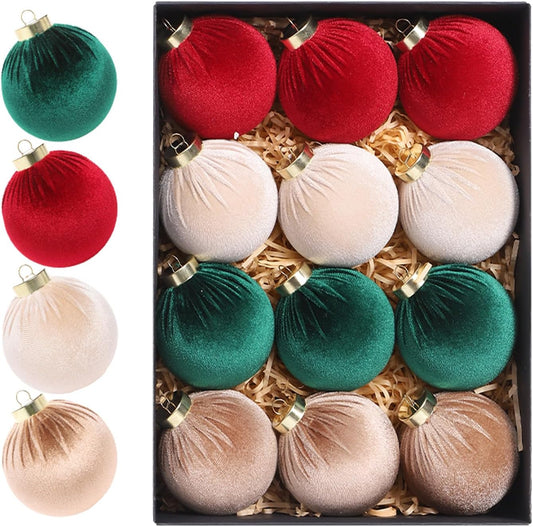 12Pcs Velvet Christmas Ornaments Balls,80mm/3.15in Multicolor Christmas Tree Decoration Shatterproof Flocked Ball with Hanging for Holiday Party Decor