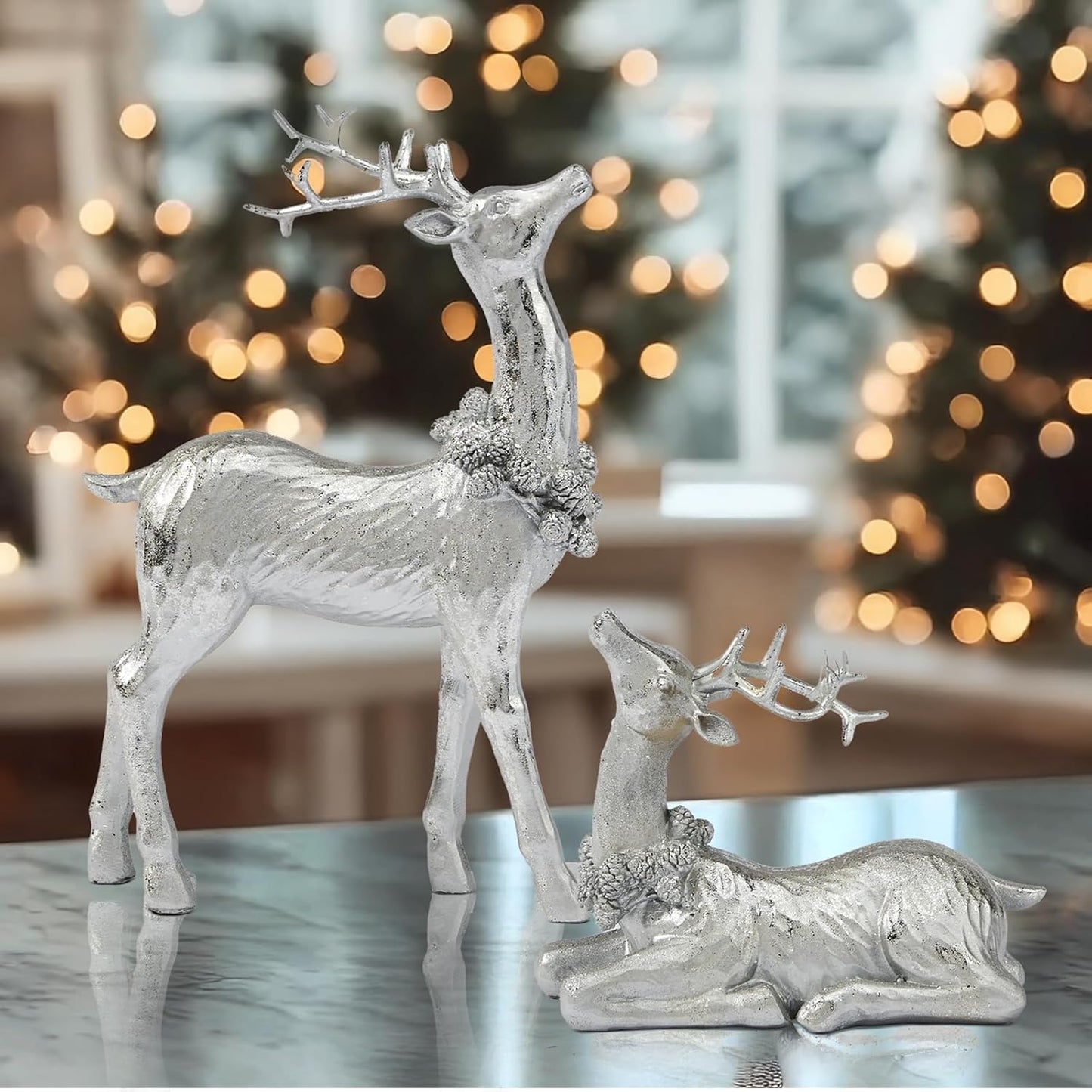DN DECONATION Christmas Reindeer Figurines, Winter Deer Small Statues Decor, Silver Decorative Reindeer Sculptures, Resin Xmas Holiday Home Décor Accents for Office Living Room & Bedroom 2PCS