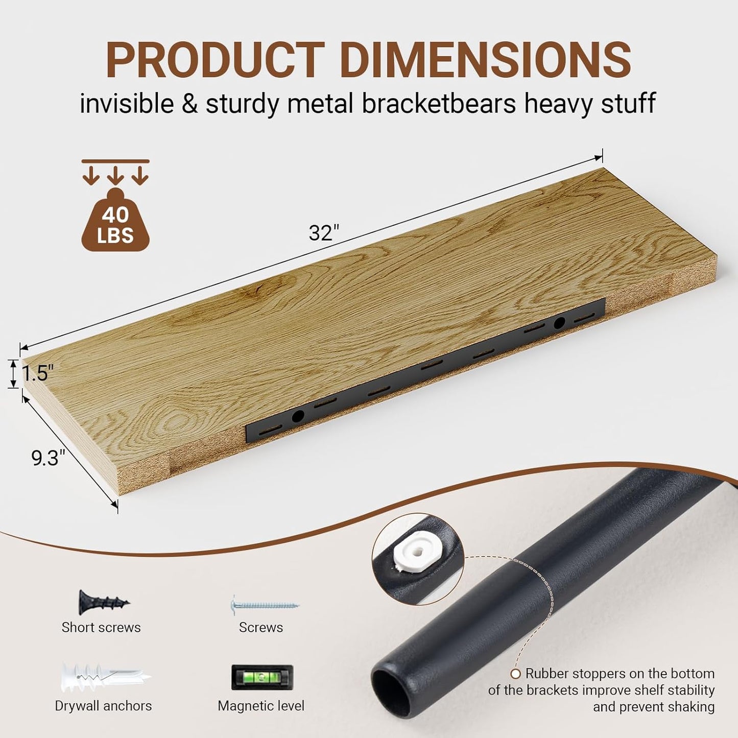 Heimlove 32 Inch Floating Shelves for Wall,Oak 9.3" Deep Floating Shelf Set of 2,Wall Mounted Shelves for Bathroom Bedroom Living Room Kitchen Office,Shelf for Books Storage Room,Home Decor