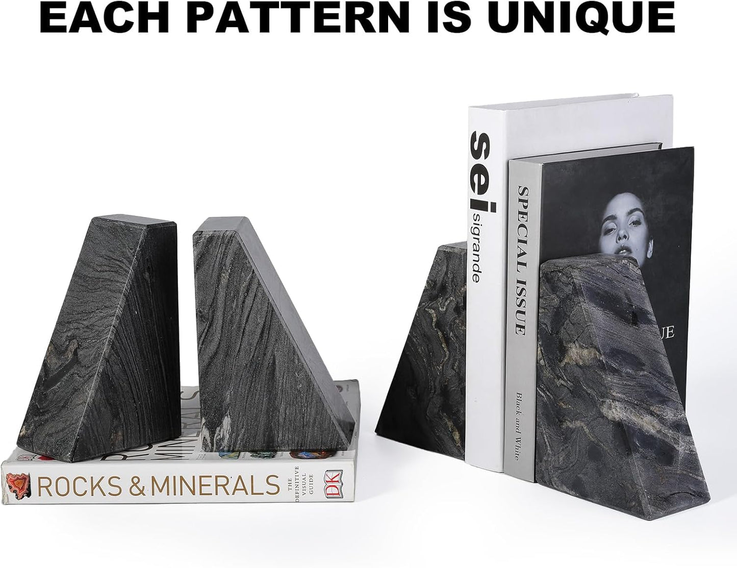 Marble Bookends for Heavy Books, Decorative Book Ends for Shelves, Titanium Black Stone Durable and Heavy-Duty Book Ends for Hardback Books & CDS, Unique Book Stopper & Holder, Set of 2
