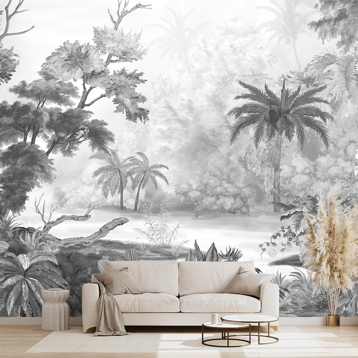 Grey Tropical Rainforest Plant wallpeper Living Room Bedroom Jungle Botanical Wall Mural - 160"x108"（Not Peel and Stick）