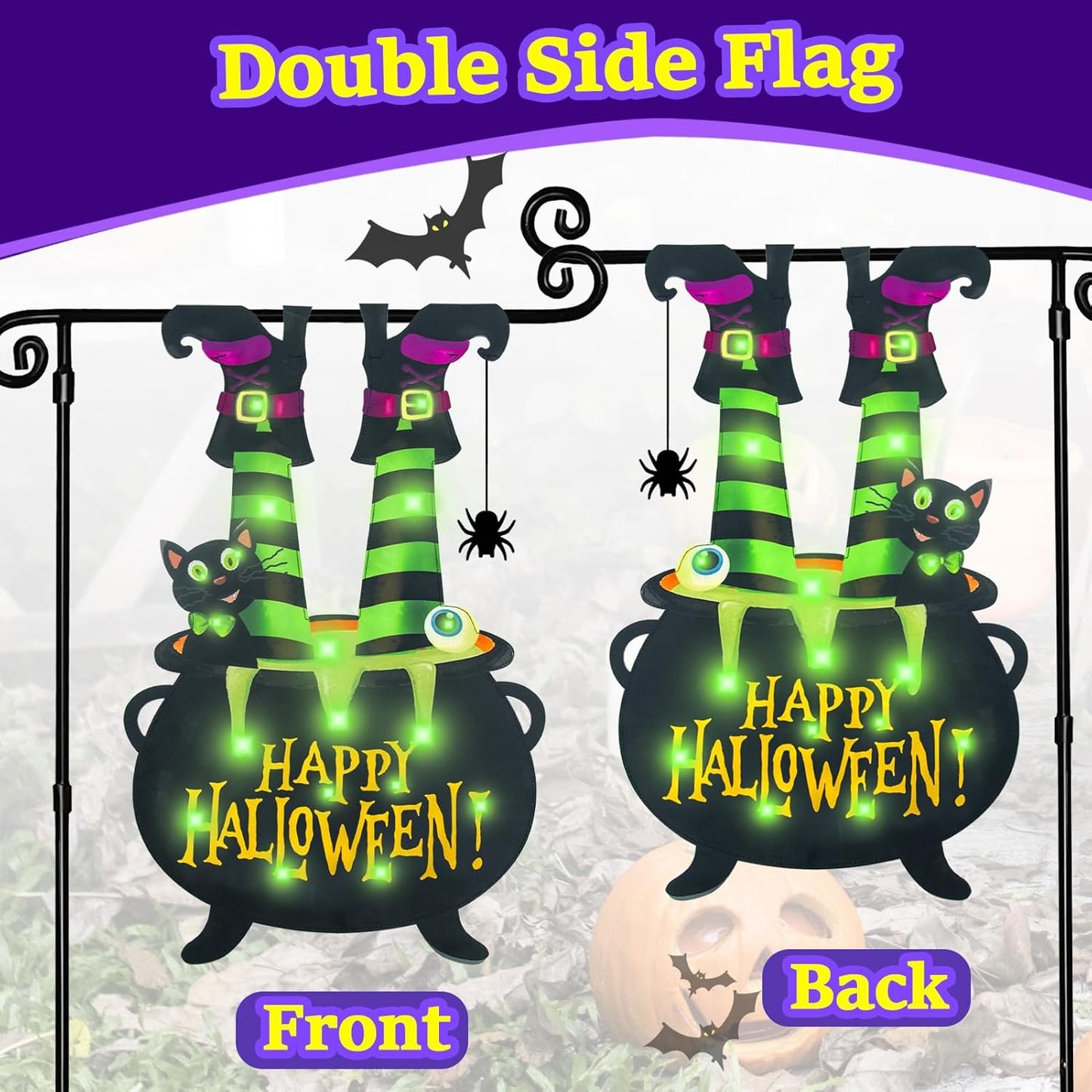 Halloween Lighted Garden Flag for Outside, Witch Feet Shape Flag Yard Decor, 8 Modes Double Sided Cauldron Eyeball Black Cat Outdoor Hlloween Decorations for Home Porch (Green-28x40)