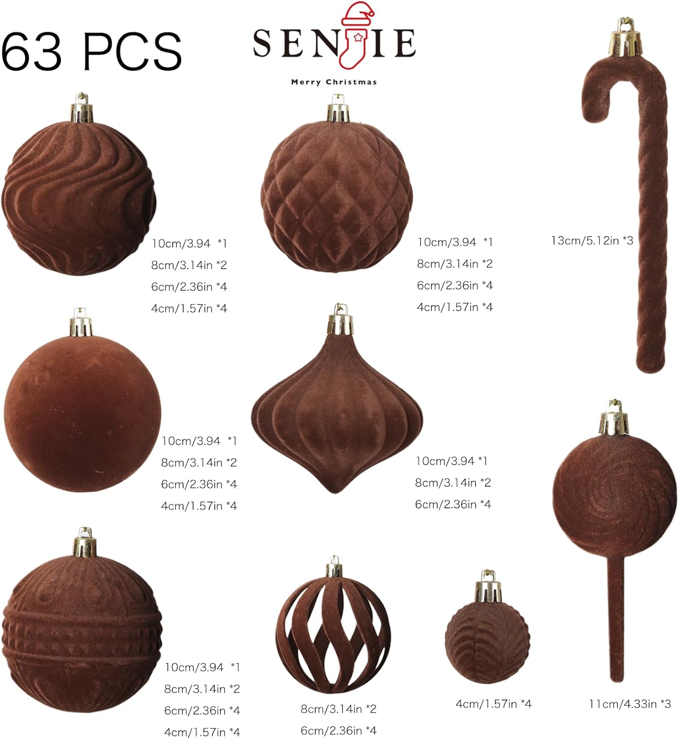 Senjie Velvet Christmas Balls Flocked Christmas Tree Ball Ornaments 63PCS Bulk Plastic Balls Xmas Decorative Hanging Ornaments Christmas Tree Decoration Brown