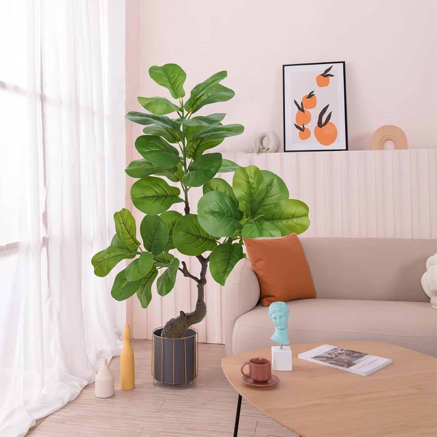 Artificial Fiddle Leaf Fig Tree 49" Fake Potted Tree with Trunks Artificial Tree Realistic Fake Plant for Modern Home Office Living Room Floor Decor Indoor Outdoor