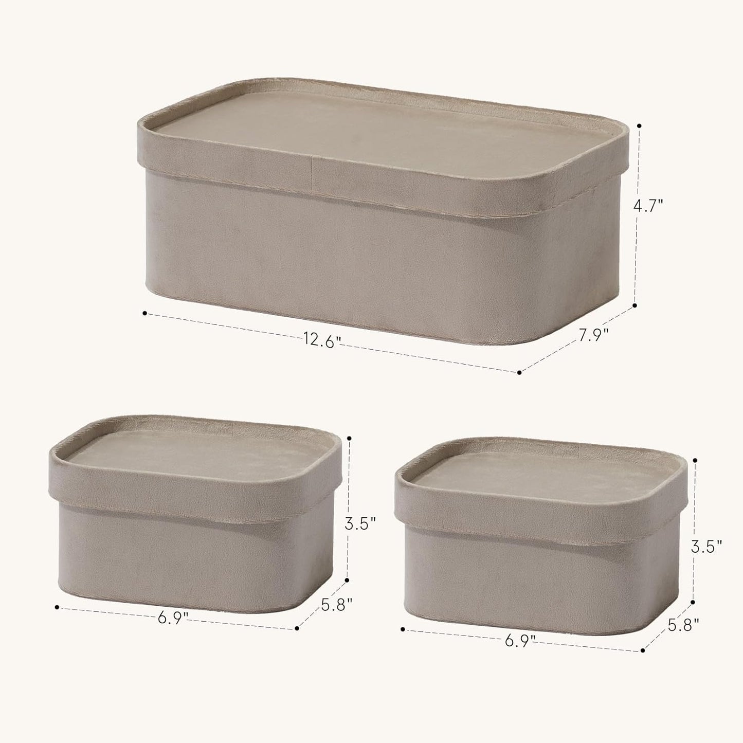 La Jolie Maison Velvet Storage Baskets with Lids, Sturdy Stackable Cardboard Boxes with Decorative Trays, Organizer Bins for Bathroom Bedroom Organizing, Taupe, Set of 3