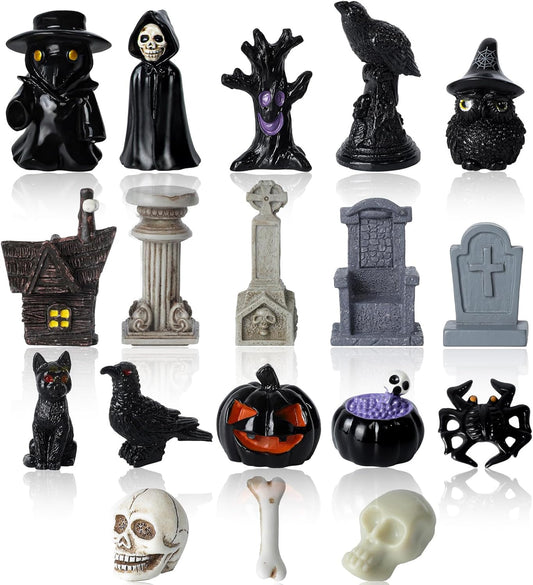 40Pcs Halloween Miniatures for Crafts Mini Figurines Skull Heads Resin Tombstones Skeleton Ornaments Halloween Fairy Garden Decor Horror Village Collections Dollhouse Accessories Decor ﻿