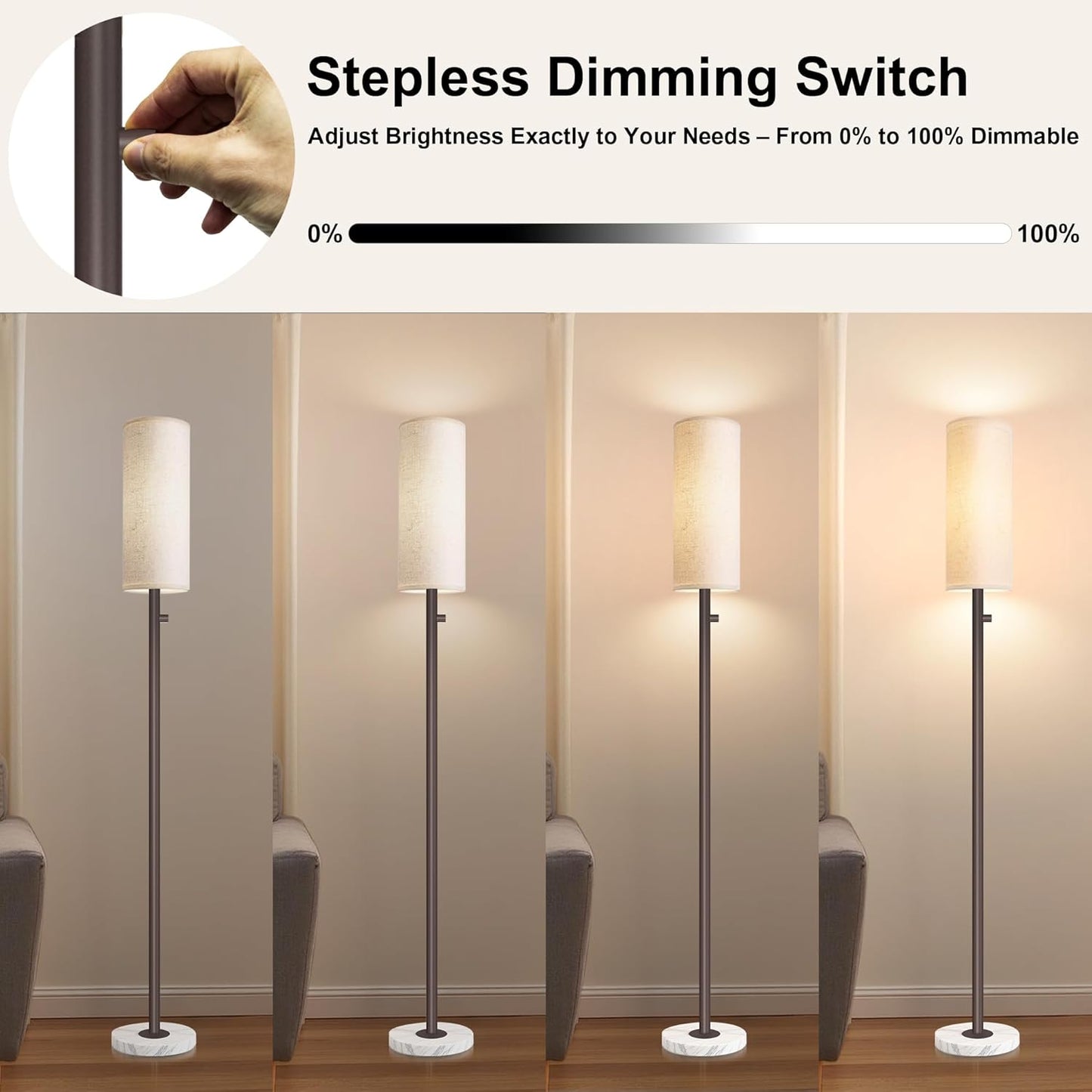 Dimmable Gold Floor Lamp for Living Room,Modern Standing Lamp with Marble Base,LED Bulb Included,Floor Lamps for Bedroom, Living Room,Office,Reading and Nursery(Brown Floor Lamp)