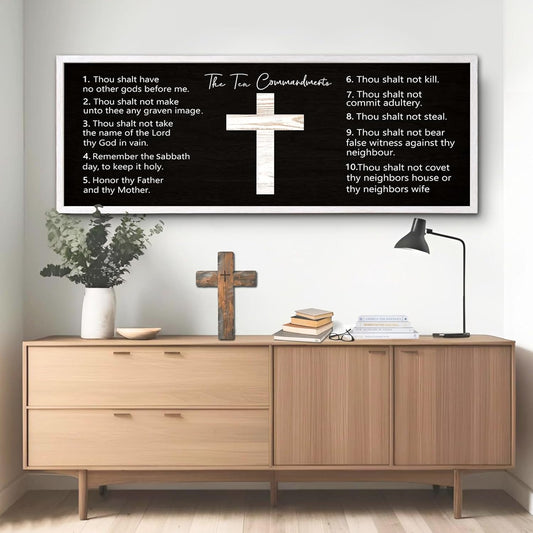 Ten Commandments Rustic Bible Verse Framed Wall Decor, 40" x 15", Religious Christian Slogan Representing a Prayer to God Jesus Christ, Vintage Horizontal Holy Inspirational Catholic Scripture Decor