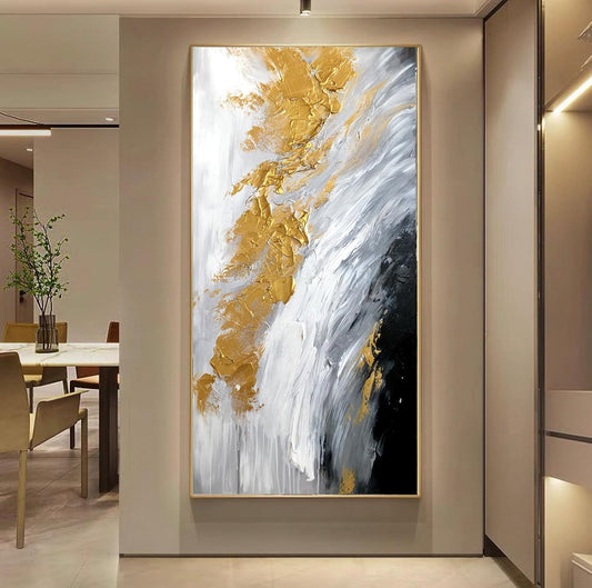Hand-Painted Gold Abstract Oil Painting on Canvas for Entrance-Hall, Framed White and Black Wall Art for Living Room,Large Wall Picture for Bedroom Kitchen Home Decoration 24x48inch