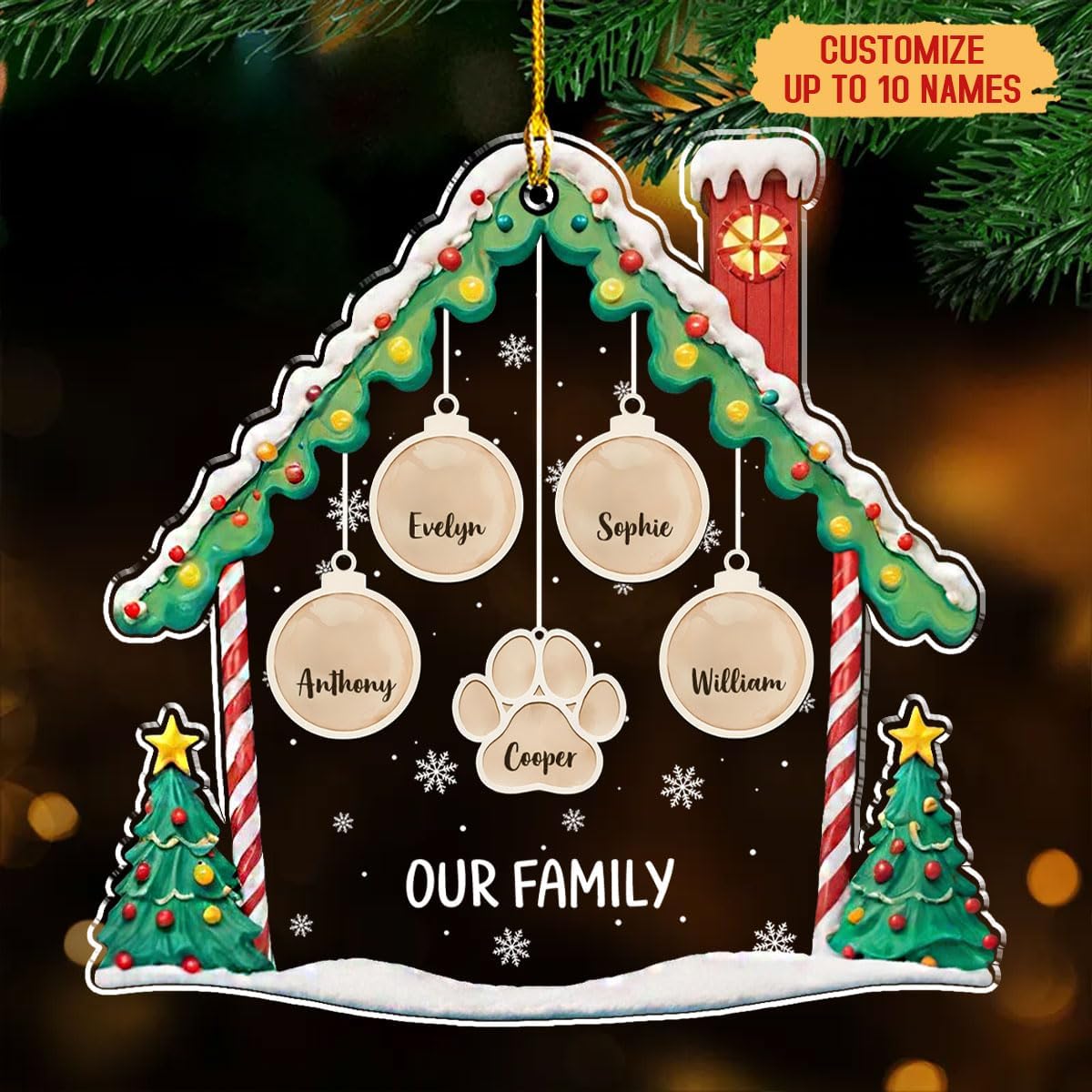 Personalized Family Christmas Acrylic Ornament 2024 - Custom Name Charms Family Members up to 10 People and Pets, Paw Charm Ornament Gifts for Family Tree Decoration (A02, 3 Names)