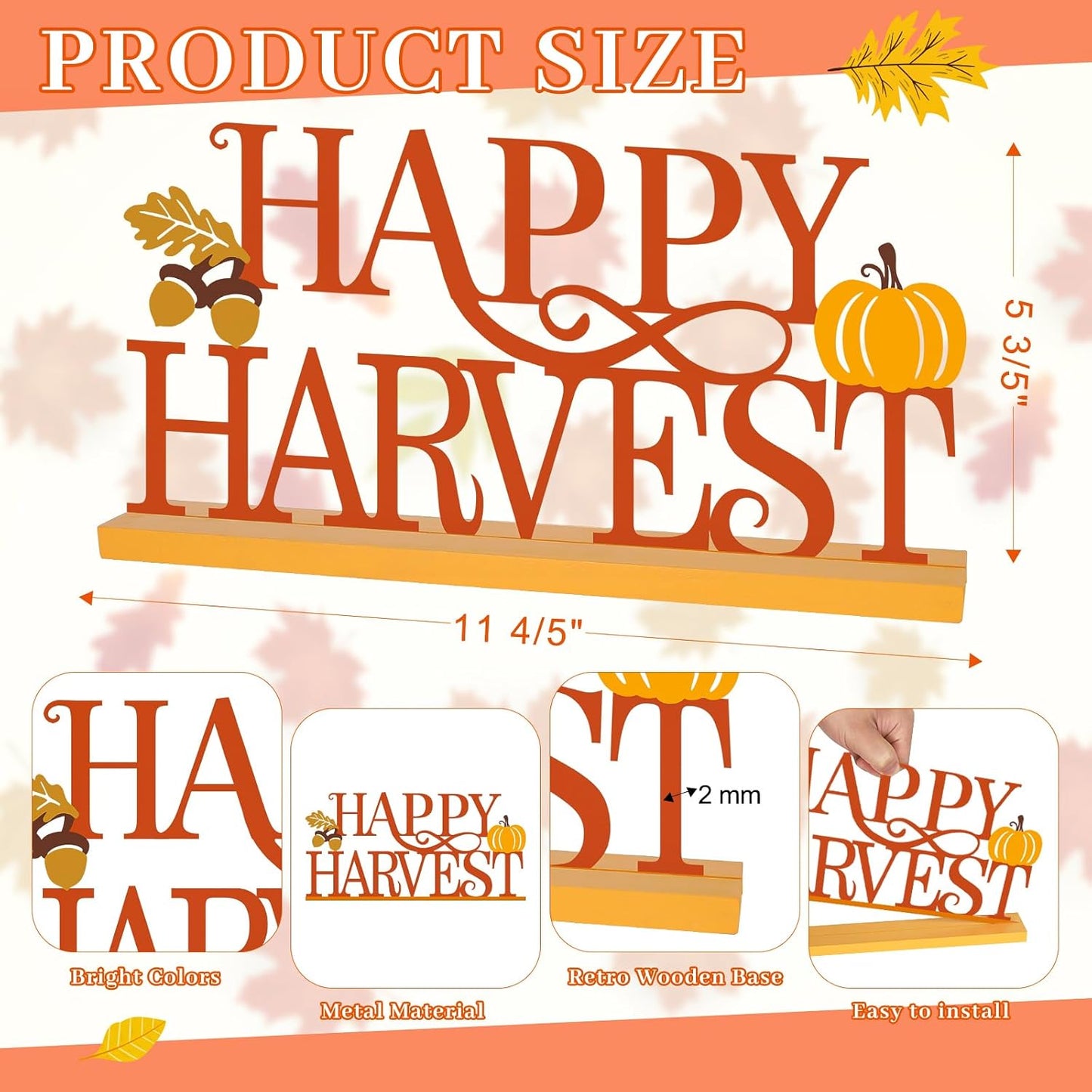 COCHIE Metal Happy Harvest Sign, Orange Fall Decorations for Home, Office, Shelf, Mantel, Indoor, Autumn Pumpkin Decoration, Hello Fall Leave Decor (Harvest)