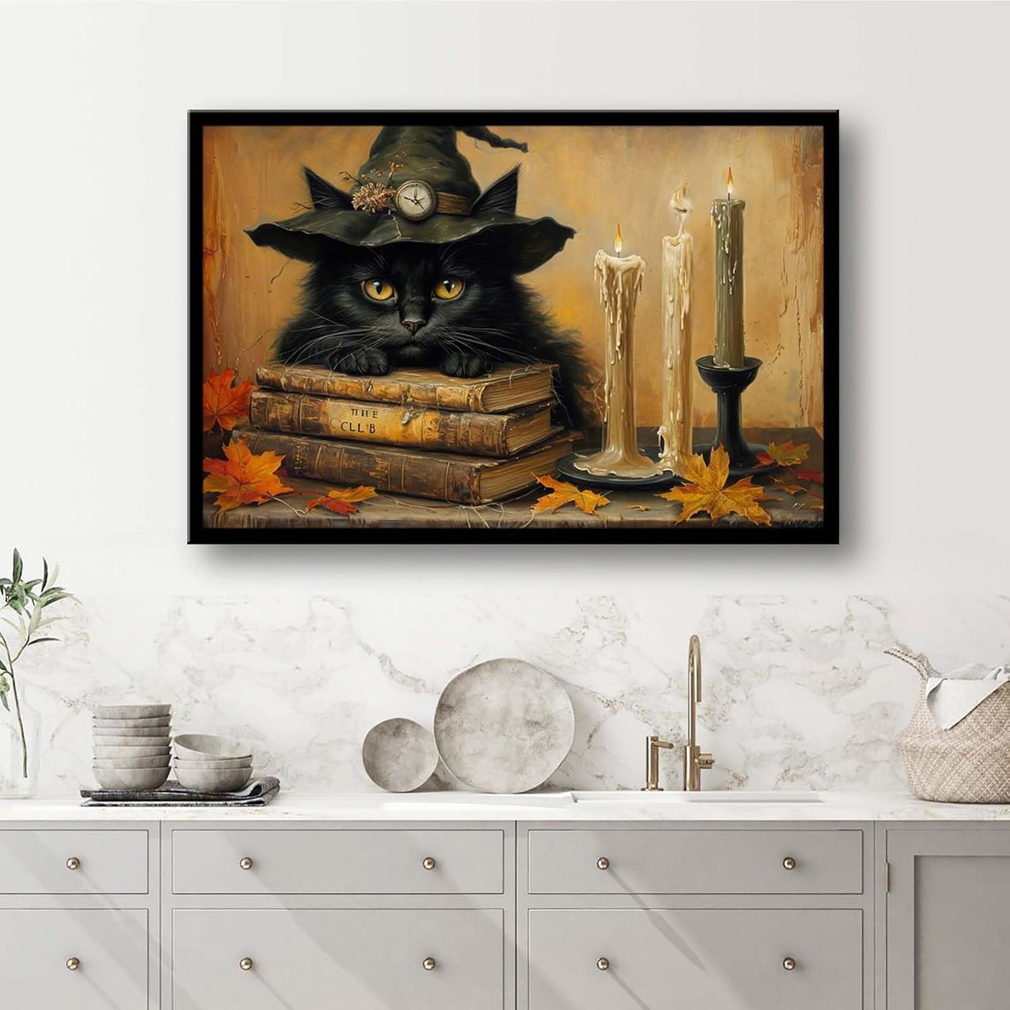JFHCQJPK Vintage Halloween wall decoration black cat and magic book suitable for home bedroom living room decoration dark classic art witch wall decoration24x36in Metal blackFramed