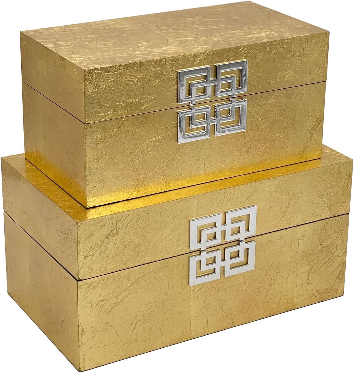 Galt International Storage Box Set Decorative Storage Box w/Hinged Lid Classic Design Wood Decor Boxes with Geometric Clasp Storage for Bedroom & Home - Set of 2 (Gold Leaf)