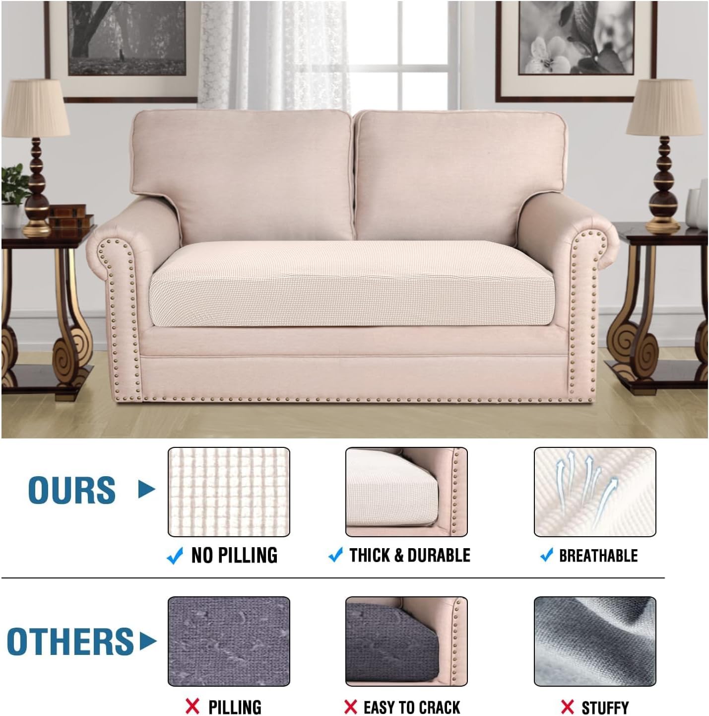 H.VERSAILTEX Super Stretch Individual Seat Cushion Covers Sofa Covers Couch Cushion Covers Slipcover Sets Thick Jacquard Textured Twill Fabric (1 Piece Loveseat Cushion Cover, Ivory)