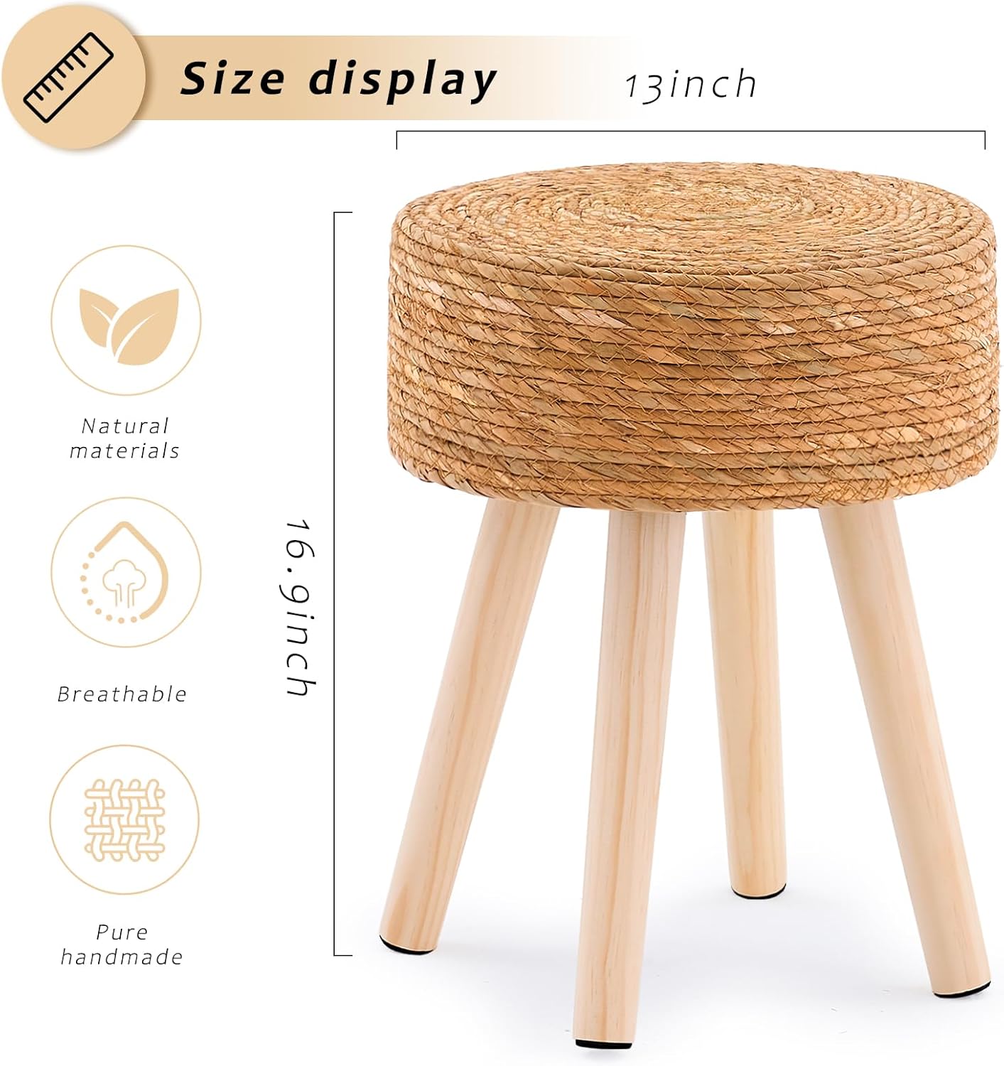 Handwoven Outdoor Ottoman, Water Hyacinth Pouf Round Patio Footstool with Wood Legs, 17-Inch Multipurpose Vanity Stool, Dining Chair, Patio Footrest for Balcony and Garden, Natural