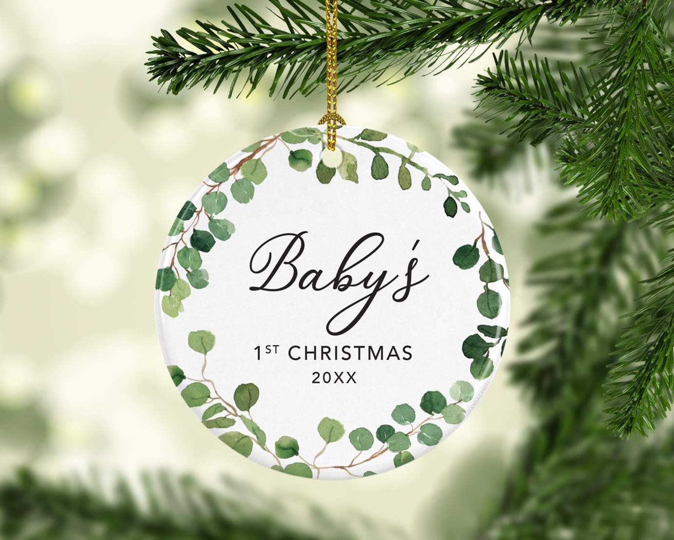 Andaz Press Custom Year Round Ceramic Porcelain Christmas Tree Ornament Keepsake Collectible Gift, Baby's 1st Christmas 2025, Farmhouse Eucalyptus Wreath, 1-PackBaby Shower New Mom Gift Ideas