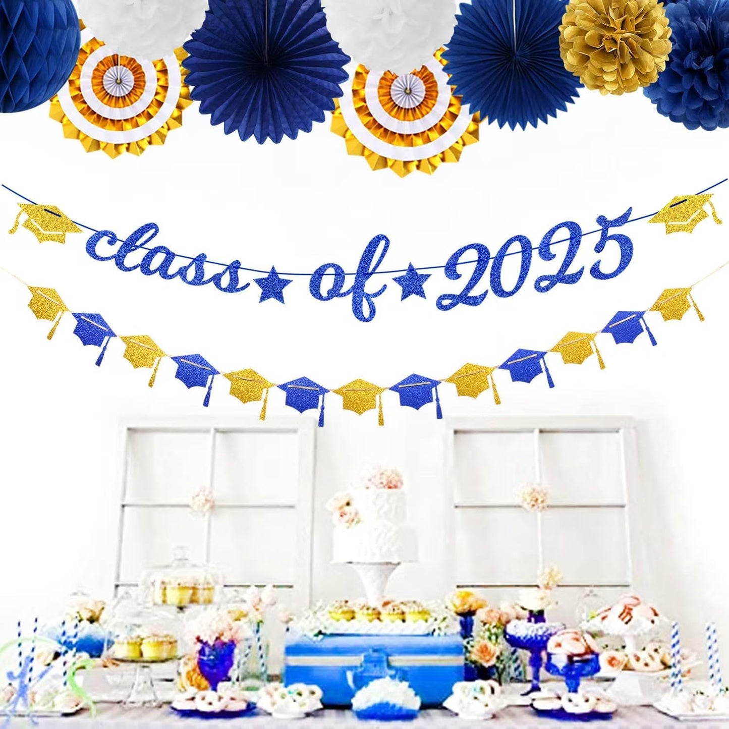 Navy-Blue Gold-White Party-Decoration Graduation Banner - 14pcs Kits Cap Garland Streamers, Royal Paper Tissue Pom Poms Flowers Fans Honeycomb,Class Of 2025 College High School Grad Decor Hugfond
