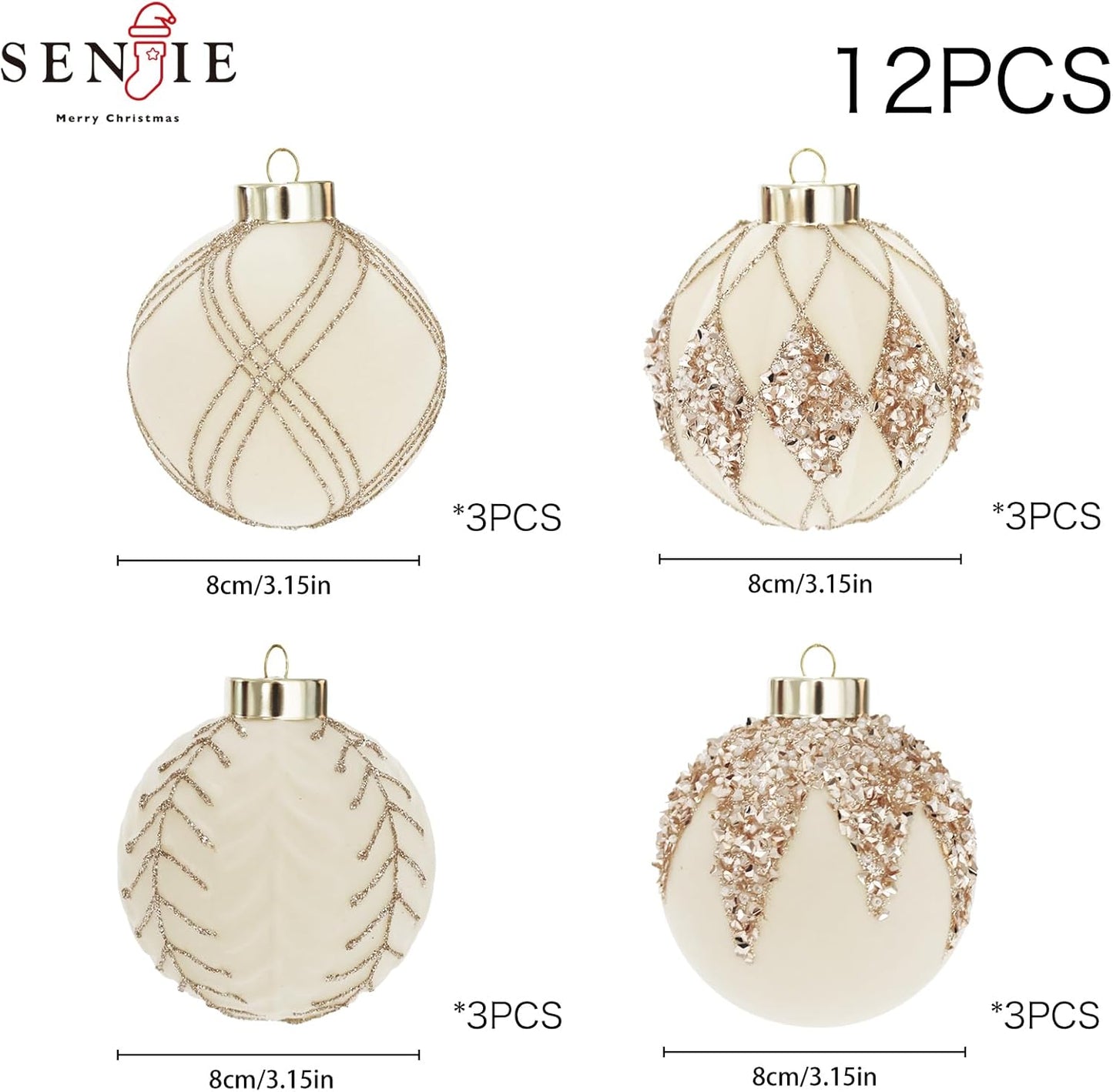 3.15INCH Beige Velvet Ornaments for Christmas Tree, 12PCS Glitter Flocked Christmas Ornaments Decorations Balls Set Decor