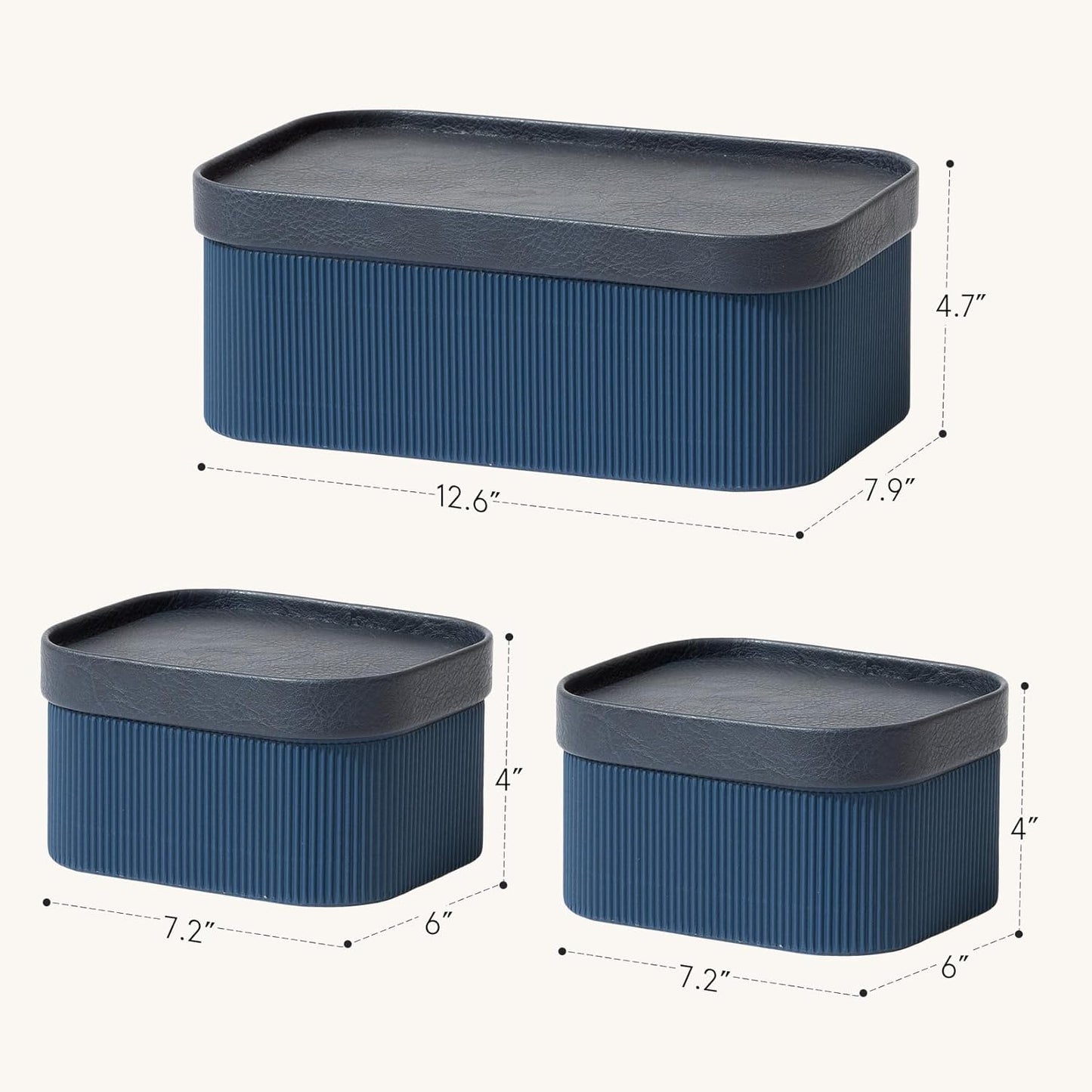 La Jolie Maison Fluted Cardboard Storage Baskets with Vegan Leather Lids, Sturdy Stackable Paper Boxes Decorative Tray, Basket Organizer Bins for Bathroom Bedroom Organizing, Navy Blue, Set of 3