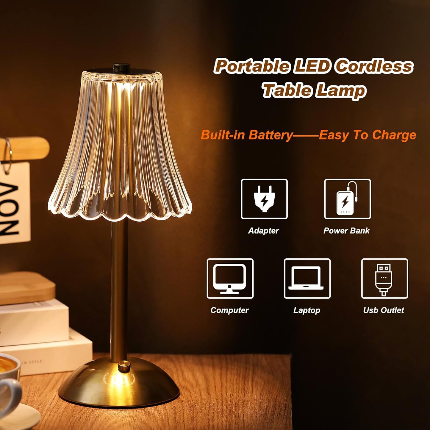 Liliful 8 Pcs LED Portable Cordless Table Lamp Touch Battery Operated Rechargeable Desk Lamp 3 Color Dimmable for Bedroom Living Room Dining (Rose Style,Gold)