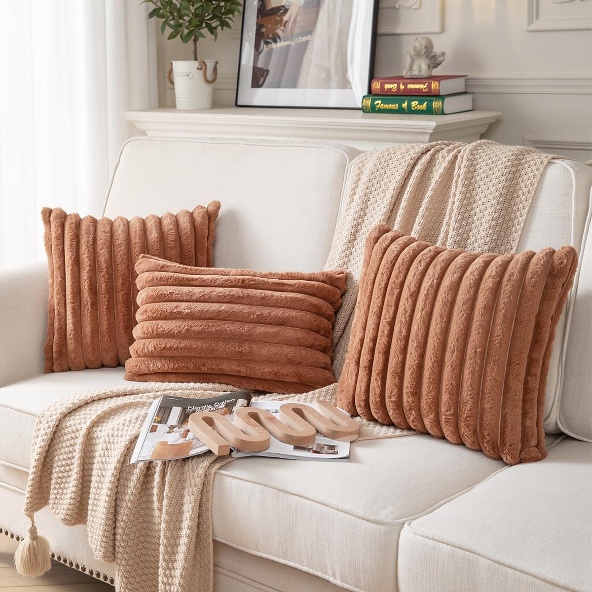 DEELAND Pack of 2,Double-Sided Faux Fur Plush Decorative Throw Pillow Covers Fuzzy Striped Soft Pillowcase Cushion Covers for Sofa Couch Bedroom Brown 24x24 inch