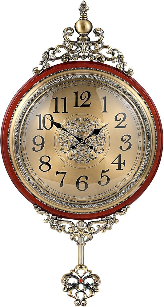 Vintage Wall Clock with Pendulum, 16 Inch Large Retro Metal and Glass Silent Clock for Living Room, Antique Wood Pendulum for Dining Room Office Home Decor