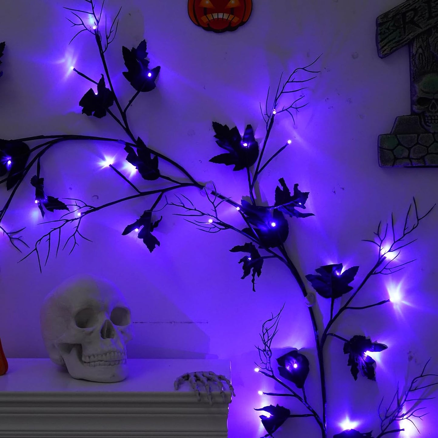 Halloween Lighted Willow Vine Twig Decoration, 6.56 FT Light up Garland Battery Operated with Purple LED Lights, 8 Modes and Timer, 12 Bat and Ghost Ornaments, 4 Adhesive Hooks