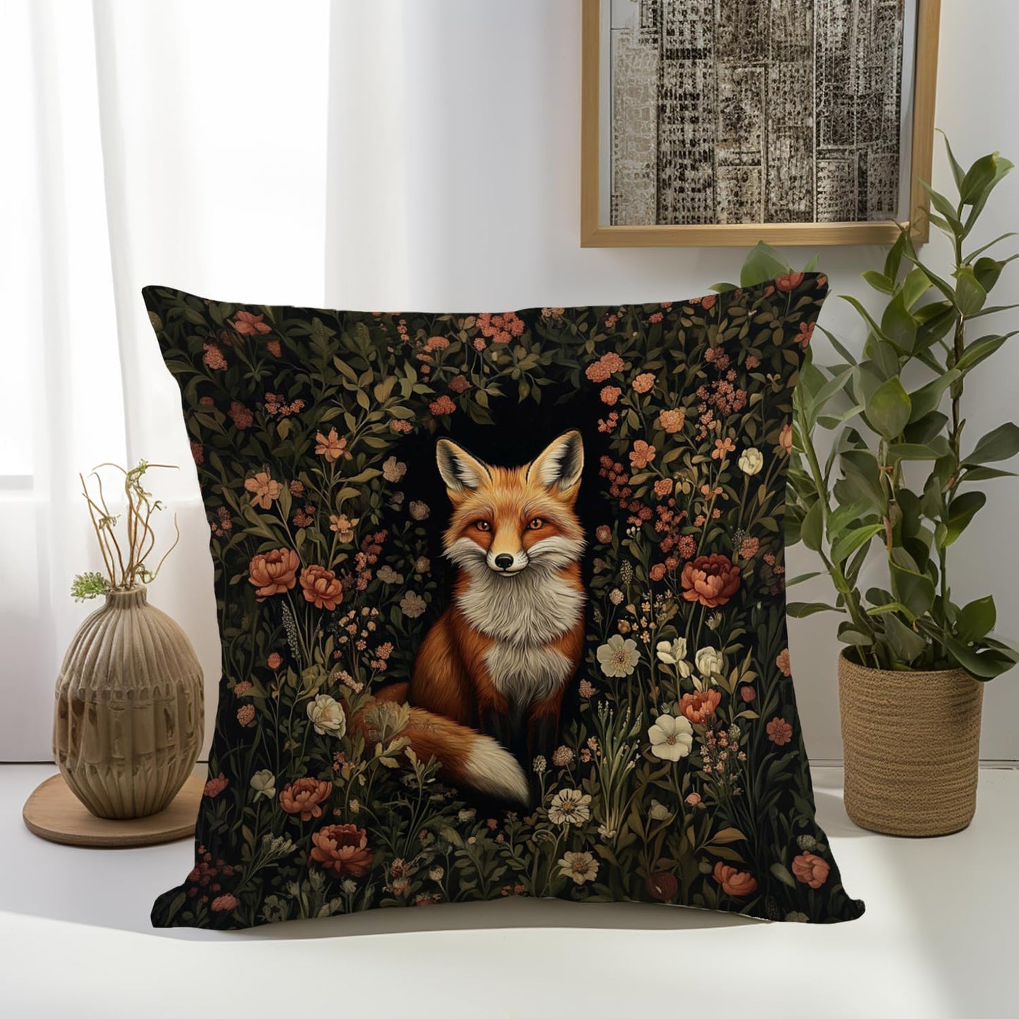 William Morris Abstract Vintage Floral Velvet Butterfly Design Throw Pillow Covers Home Decor, Retro Art Deco Pillowcase Cushion Cover for Bed Sofa Living Room, Square 18x18inch (Orange-Fox2)