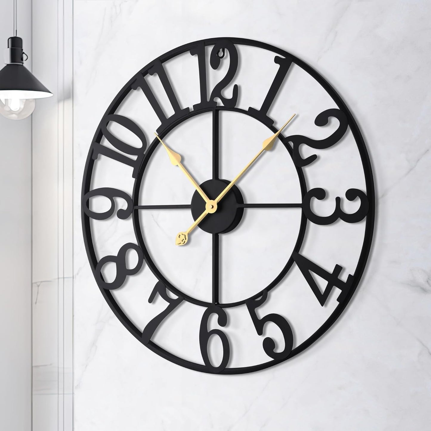 LEIKE Large Wall Clock, 18.5" Silent Non-Ticking, Battery Operated, Oversized, Decorative Retro Black Metal Clock for Living Room,Farmhouse, Dinner Room,Indoor, Outdoor(47cm, Black Arabic Number)