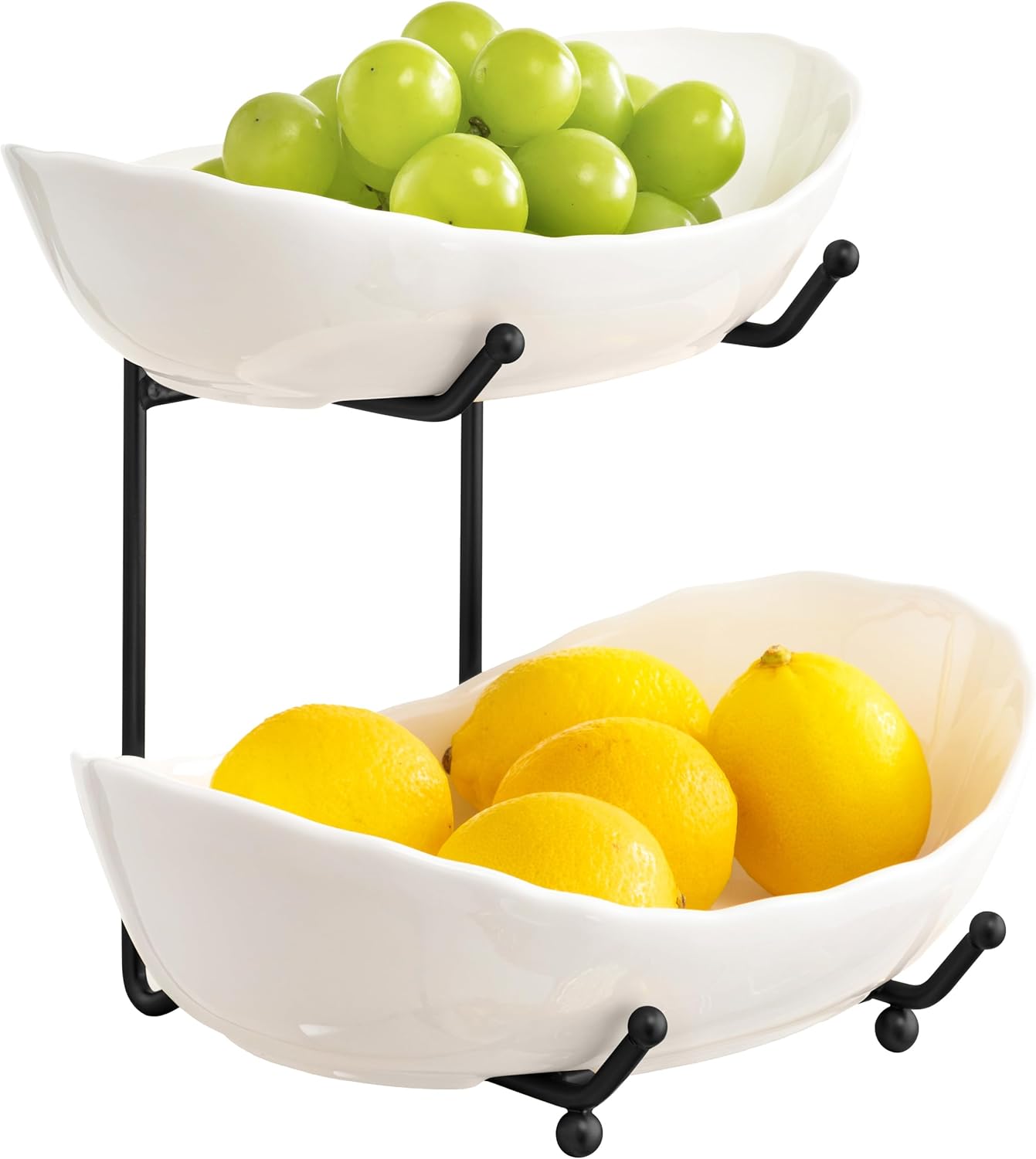 HBlife Fruit Bowl for Kitchen Counter - 2 Tier Ceramic Fruit Rack, Fruit Basket for Fresh Fruit&Veggies, Tiered Fruit Platter Serving Trays for Party