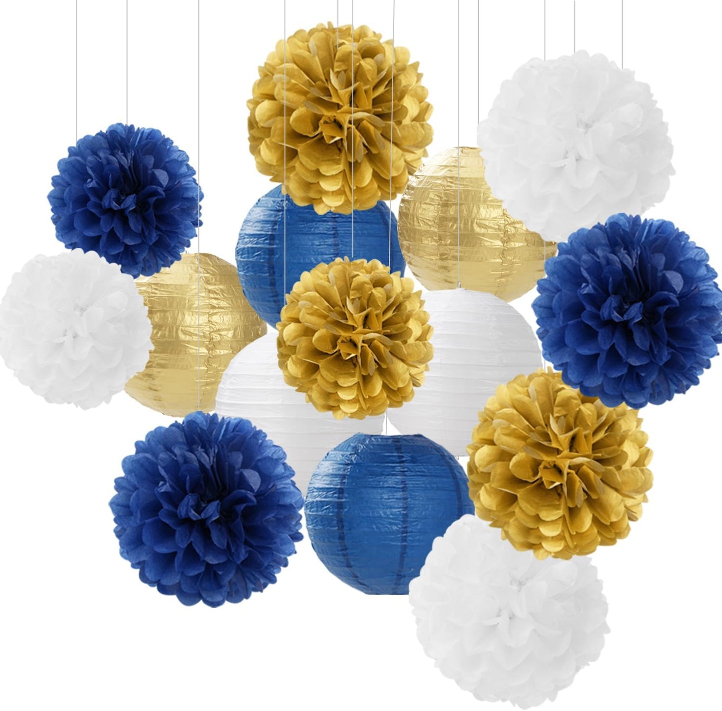 Navy-Blue Gold Party-Decorations Paper-Flowers Lanterns - 15PCS Royal White Baby Bridal Shower Tissue Pom Poms Streamers, Bachelorette Birthday Wedding Graduation Hanging Supplies Decor Hugfond