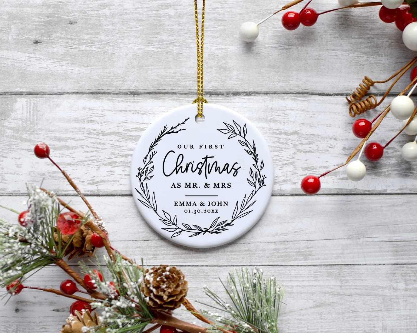 Andaz Press Personalized Our First Christmas As Mr. & Mrs. 2024 Christmas Ornaments Modern Farmhouse Wreath 2.8" Round Porcelain Ceramic 1st Year Married Custom Ornament Keepsake for Newlyweds 1-Pack