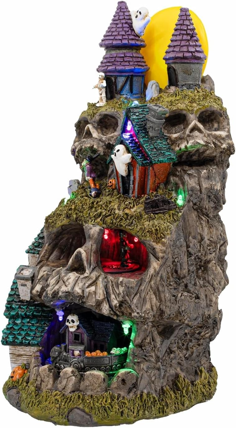 Skullstone Hollow Skull Theme Spooky Halloween Village Multi-Color LED Lights, Animated Motion and Music 7.75" x 7.5" x 13.5"
