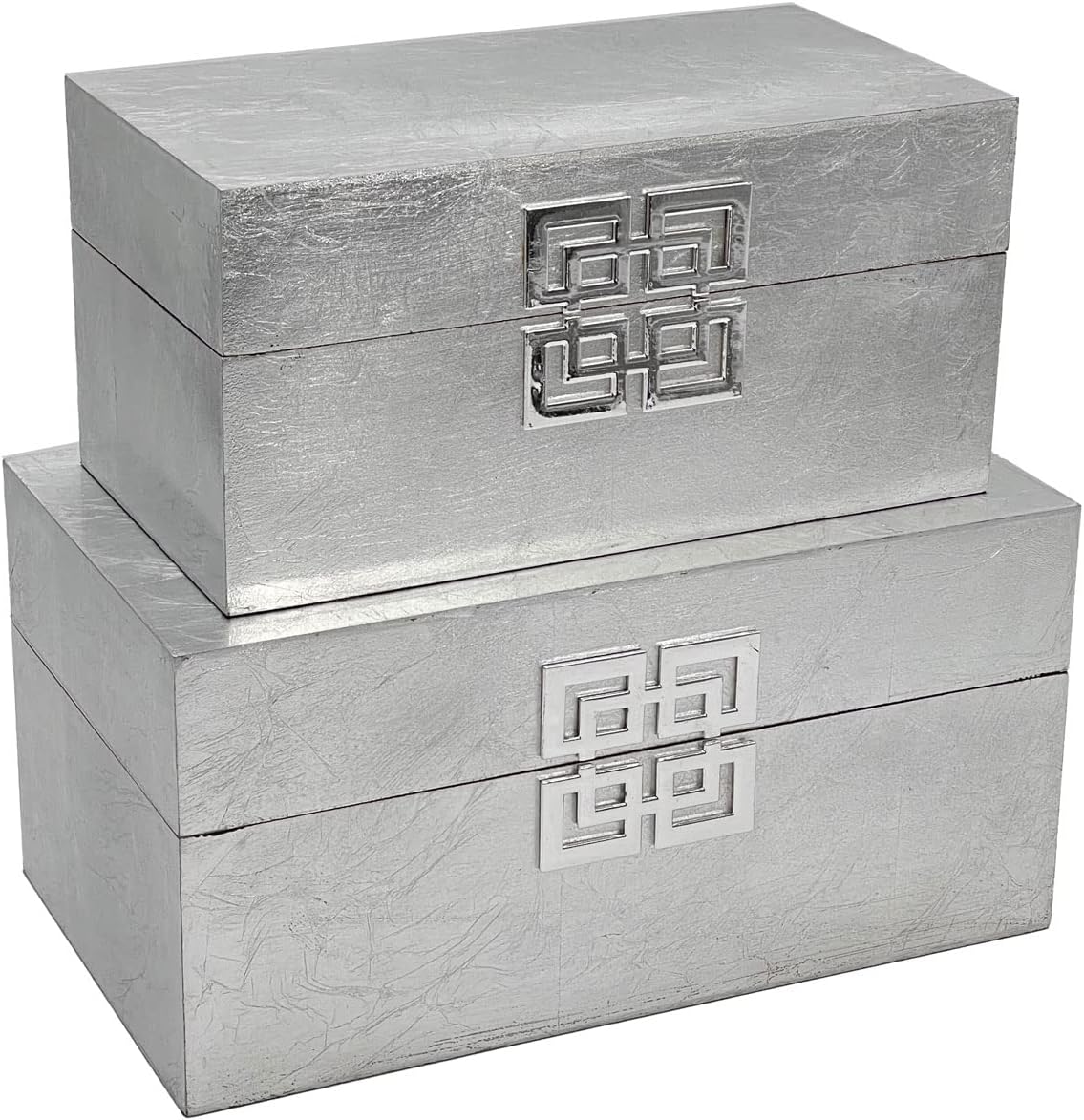 Galt International Storage Box Set Decorative Storage Box w/Hinged Lid Classic Design Wood Decor Boxes with Geometric Clasp Storage for Bedroom & Home - Set of 2 (Silver)
