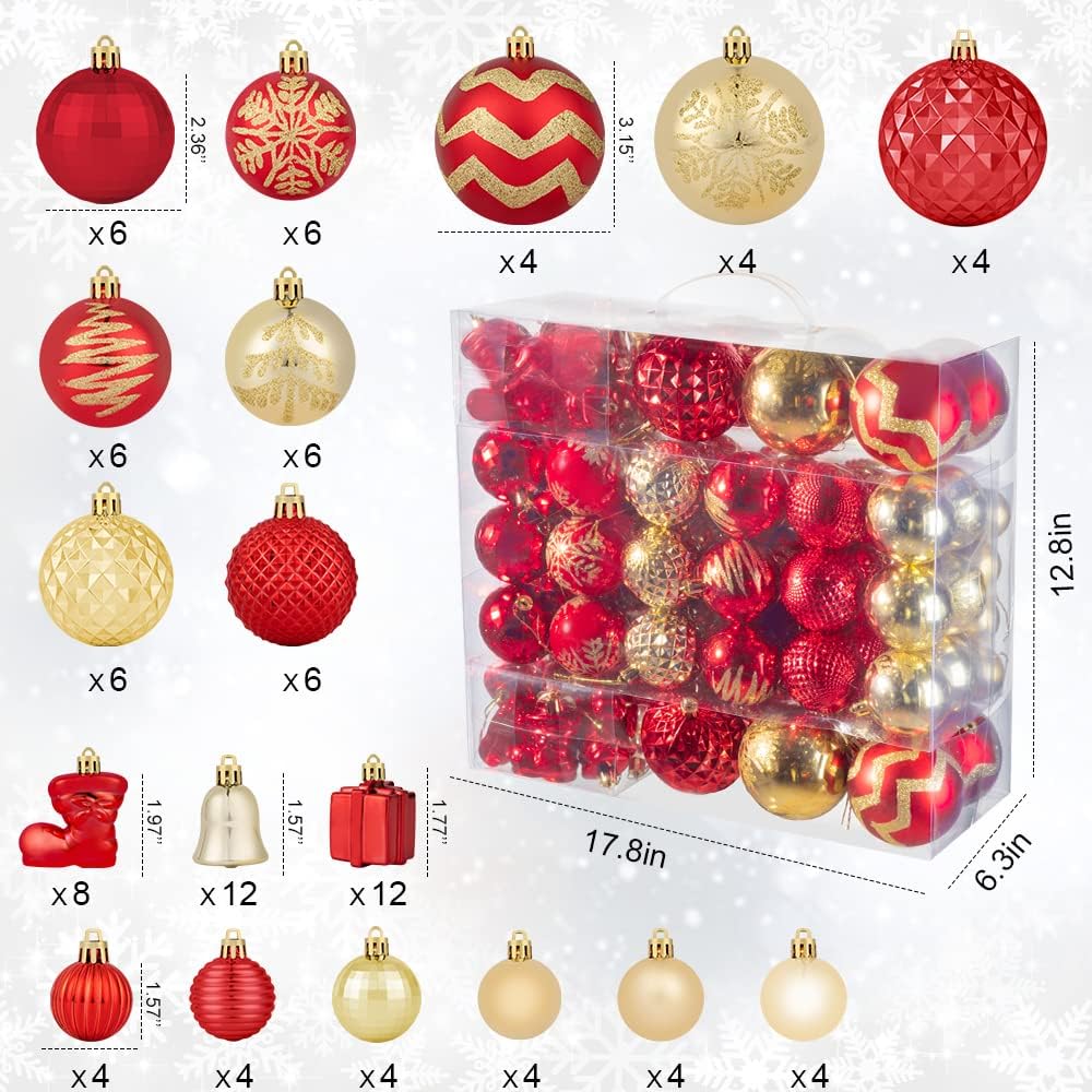116Pcs Red and Gold Christmas Ball Ornaments, Shatterproof Christmas Hanging Decoration Set with Gift Box, Assorted Decorative Baubles Set for Xmas Tree/Home/Wedding/Party/Holiday (Gold & Red)