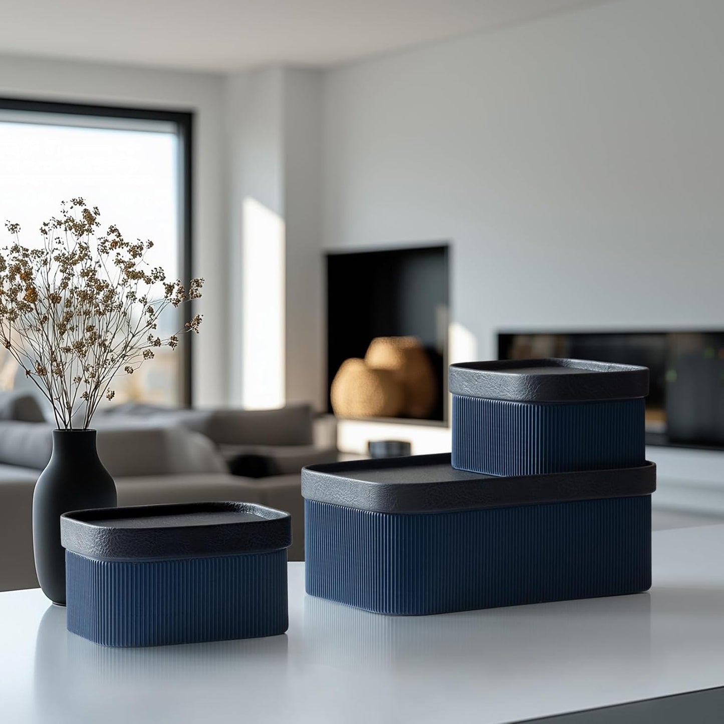 La Jolie Maison Fluted Cardboard Storage Baskets with Vegan Leather Lids, Sturdy Stackable Paper Boxes Decorative Tray, Basket Organizer Bins for Bathroom Bedroom Organizing, Navy Blue, Set of 3