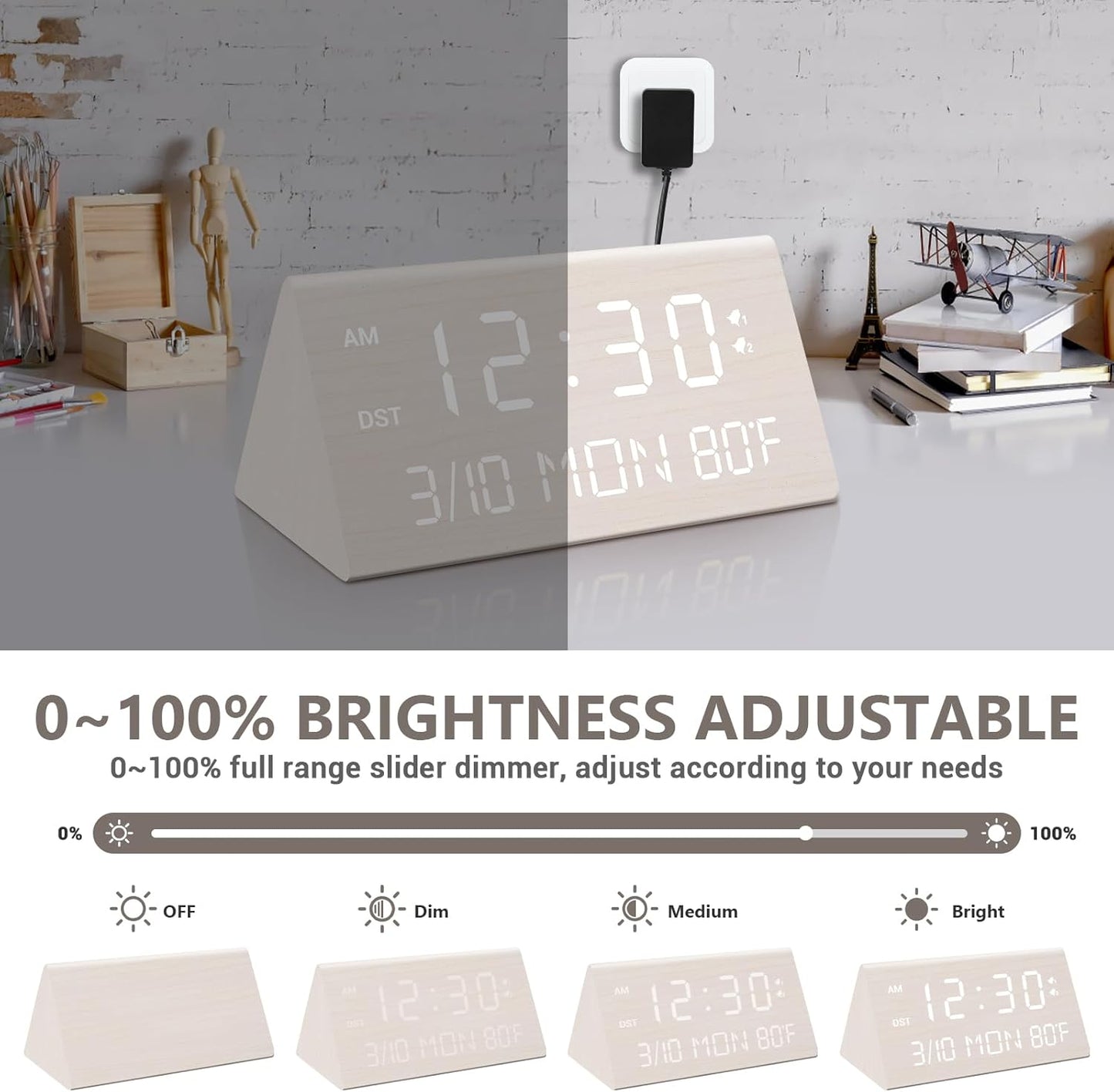 Kogonee Wooden Digital Alarm Clock, 0-100% Dimmer, 2 Alarm Settings, Weekday/Everyday Mode, 9 Mins Snooze, 12/24H, Temperature and Date Display for Office, Travel, Bedroom Alarm Clock (White)