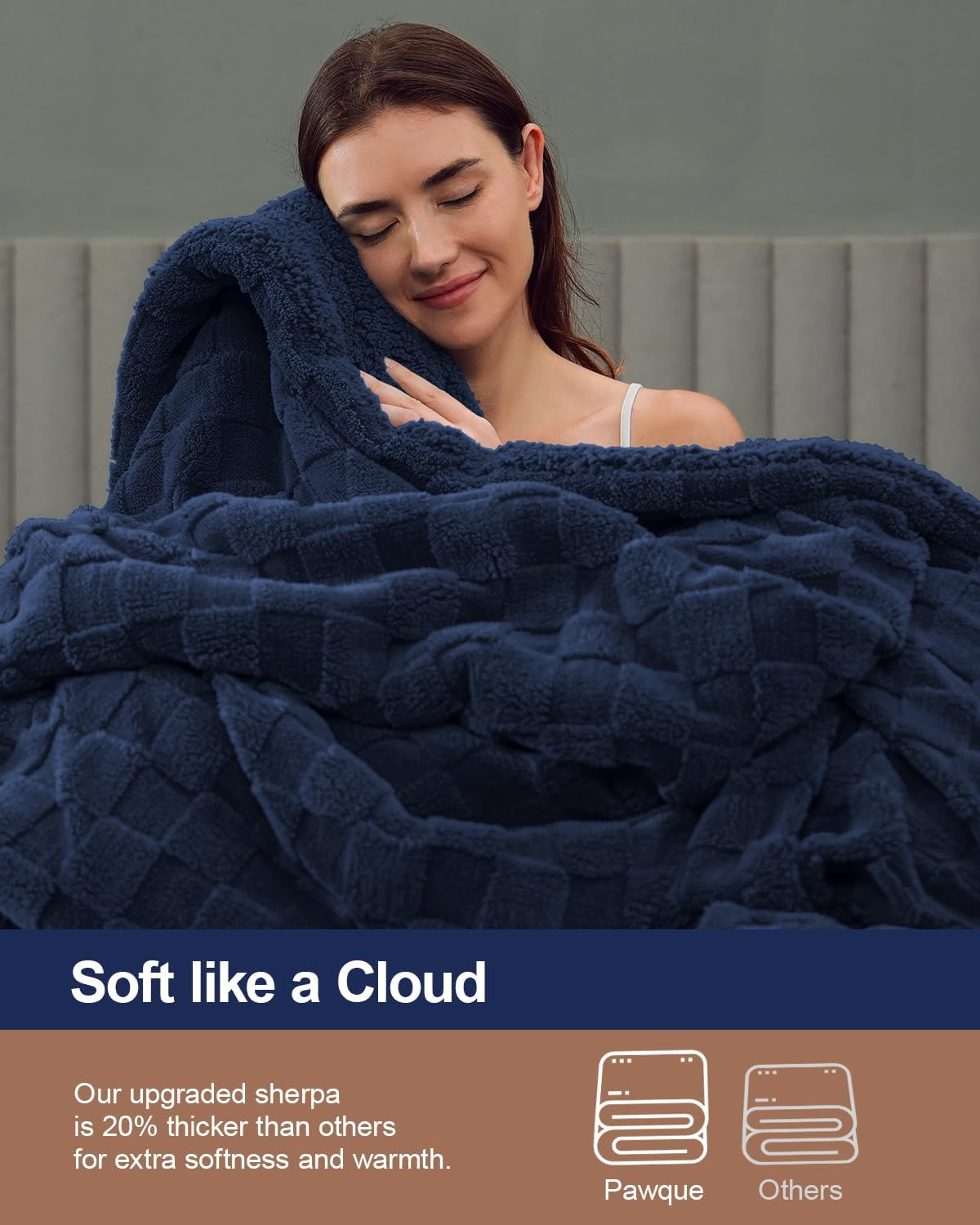 Pawque Super Soft Cozy Throw Blanket Queen Size for Couch Bed, Fluffy Sherpa Fleece Reversible Thick Warm Fuzzy Blanket for All-Season, 3D Checkered Jacquard Decorative Blankets, Navy Blue, 90"x90"