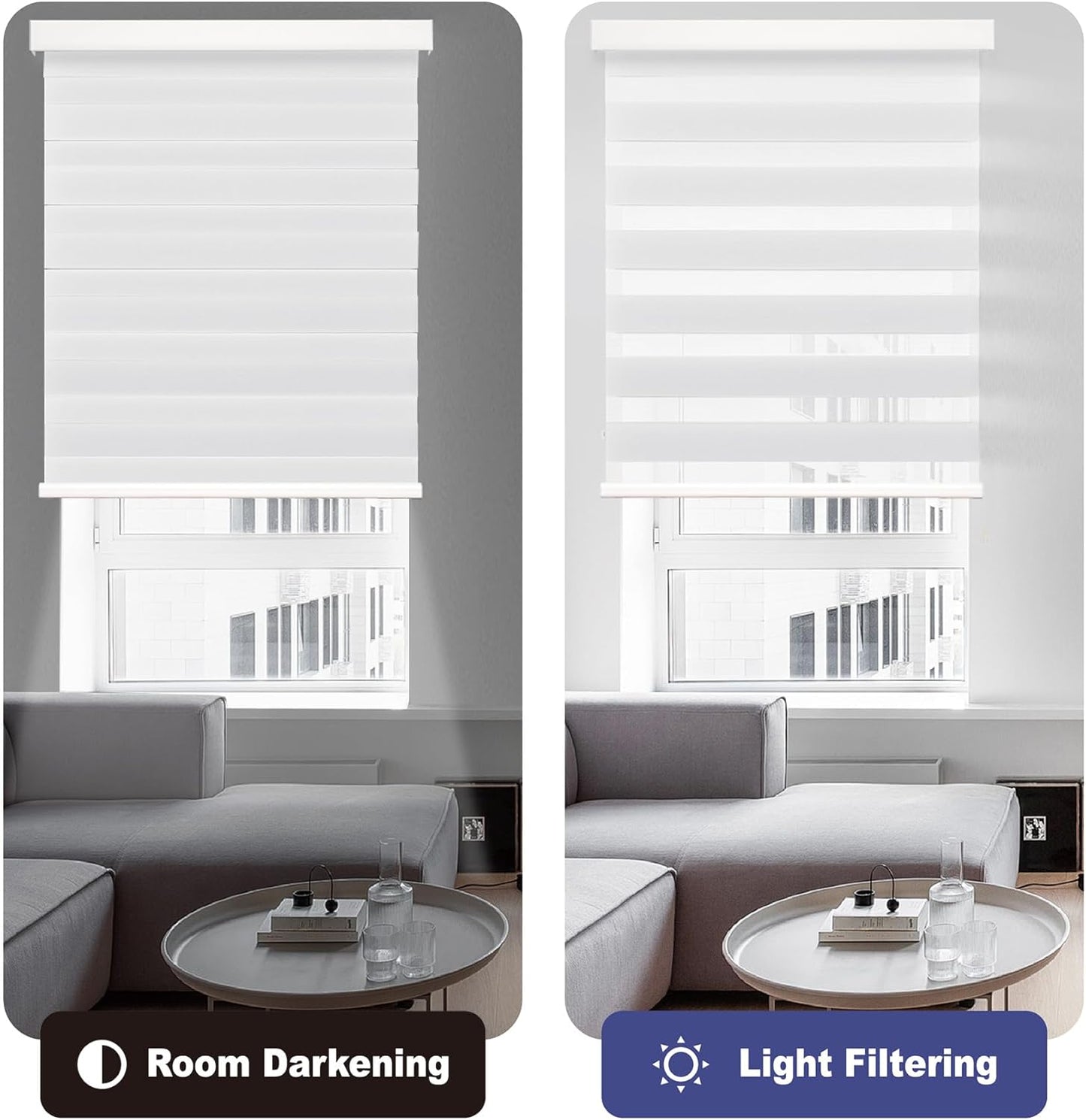 HESTIA Cordless Zebra Blinds Light Filtering Roller Shades Blackout Indoor Window Blind for Home Office,White,38" W x 60" H