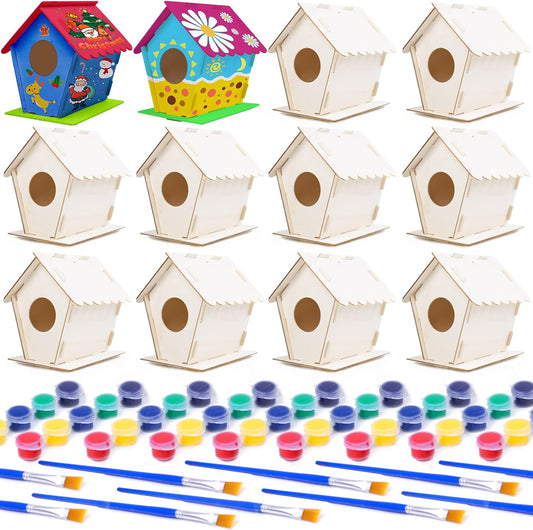 hapray 12 Pack Bird House Kit, DIY Birdhouse Kits, Wooden Crafts Arts for Children to Build and Paint (Includes Paints & Brushes) for Kids Girls Boys Toddlers Halloween Christmas Gift
