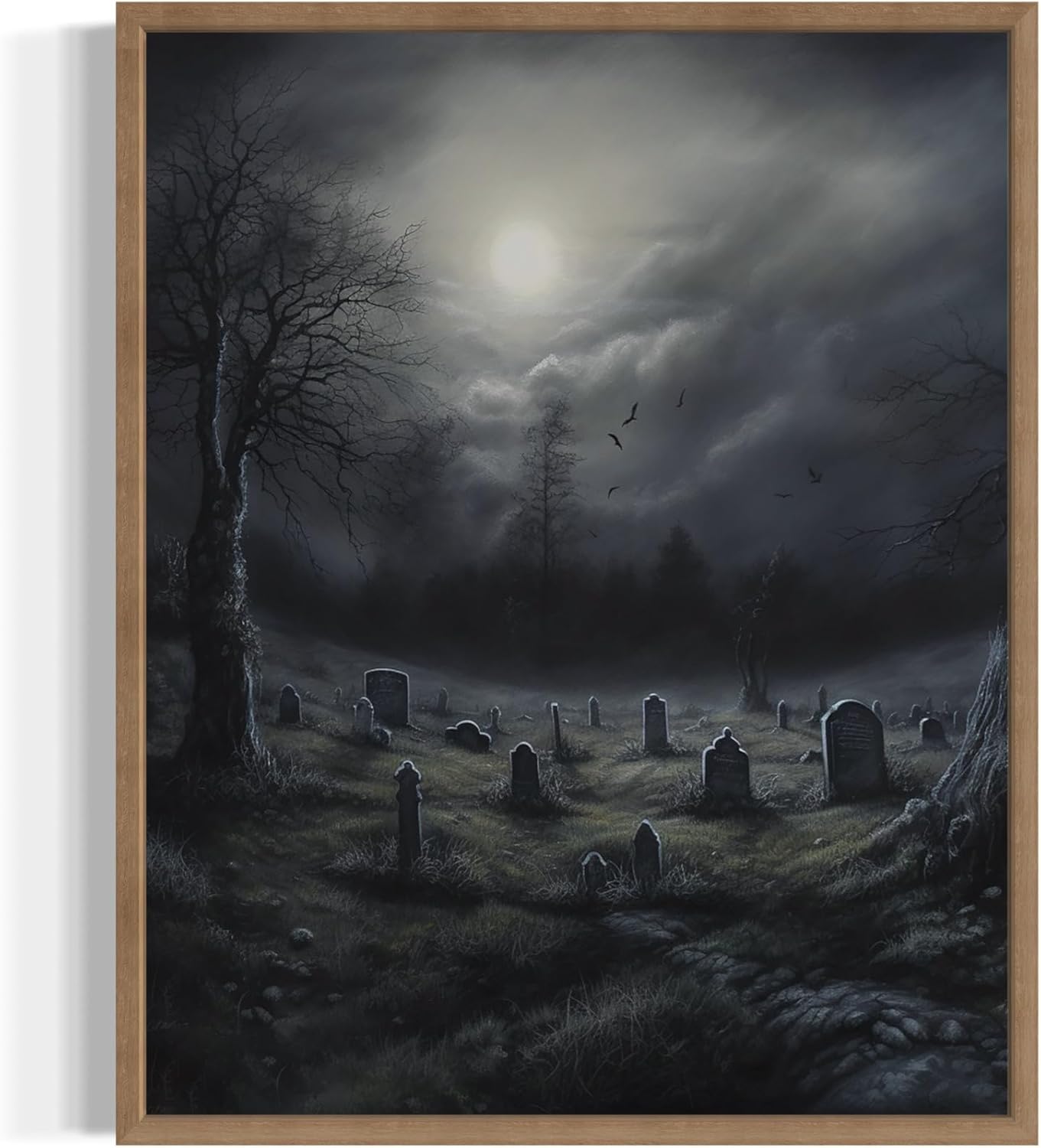 Gothic Graveyard Poster Art Print, Halloween Scary Vintage Wall Art Academia Spooky Painting Decoration for Horror Prints, Posters Bedroom Decor 89 (Gothic Graveyard, 16 x 20 inches, Wood Frame)
